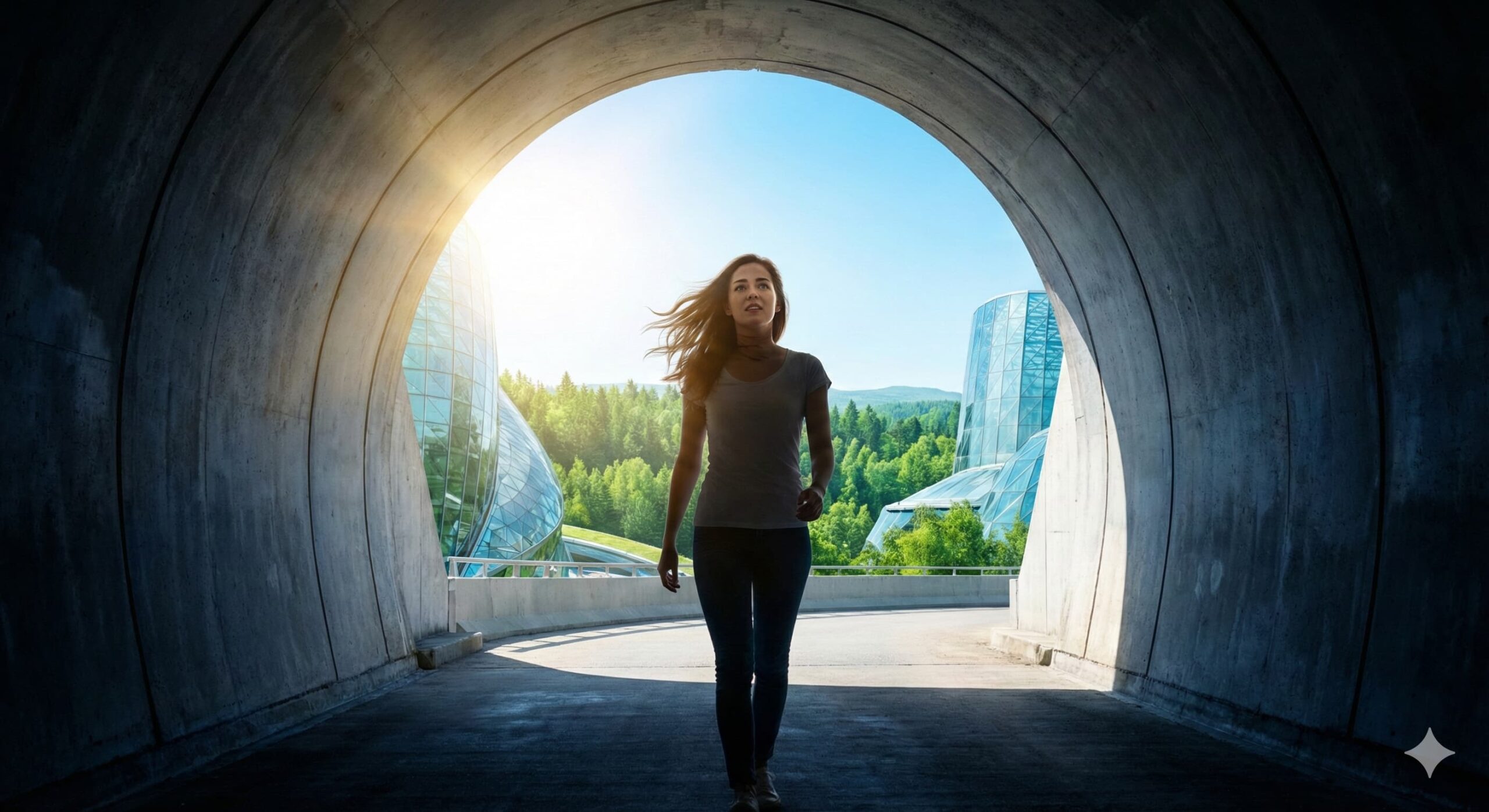 어둡고 차가운 콘크리트 터널을 빠져나와 푸른 하늘과 현대적인 건축물이 어우러진 밝은 세상으로 걸어 나오는 여성 모델의 뒷모습과 옆모습.