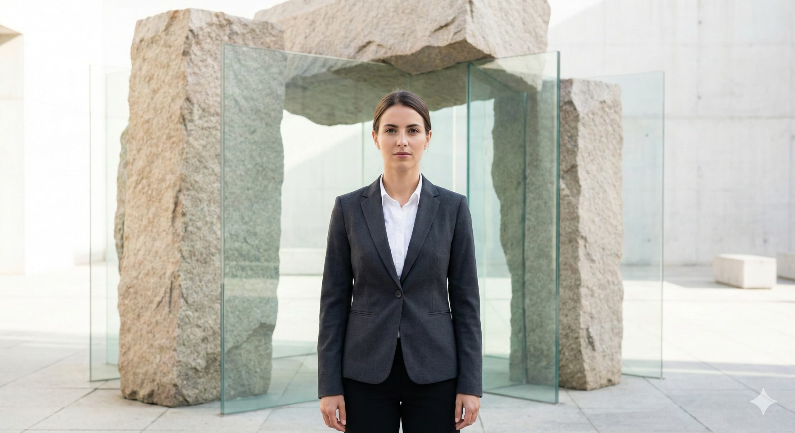 돌과 유리가 조화된 건축물 앞에서 신뢰감 있는 표정을 짓는 여성, 기업 가치 제고와 투명성을 상징하는 이미지.