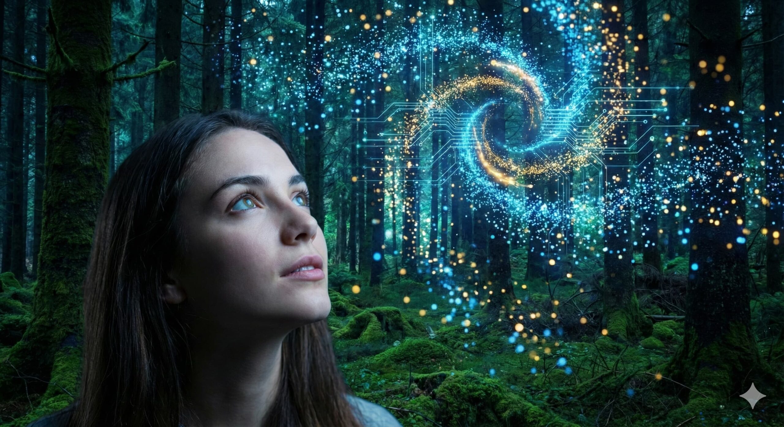 숲속에서 빛나는 디지털 입자들과 상호작용하는 여성, 반도체와 바이오 등 주도 섹터의 미래 성장을 표현한 이미지.