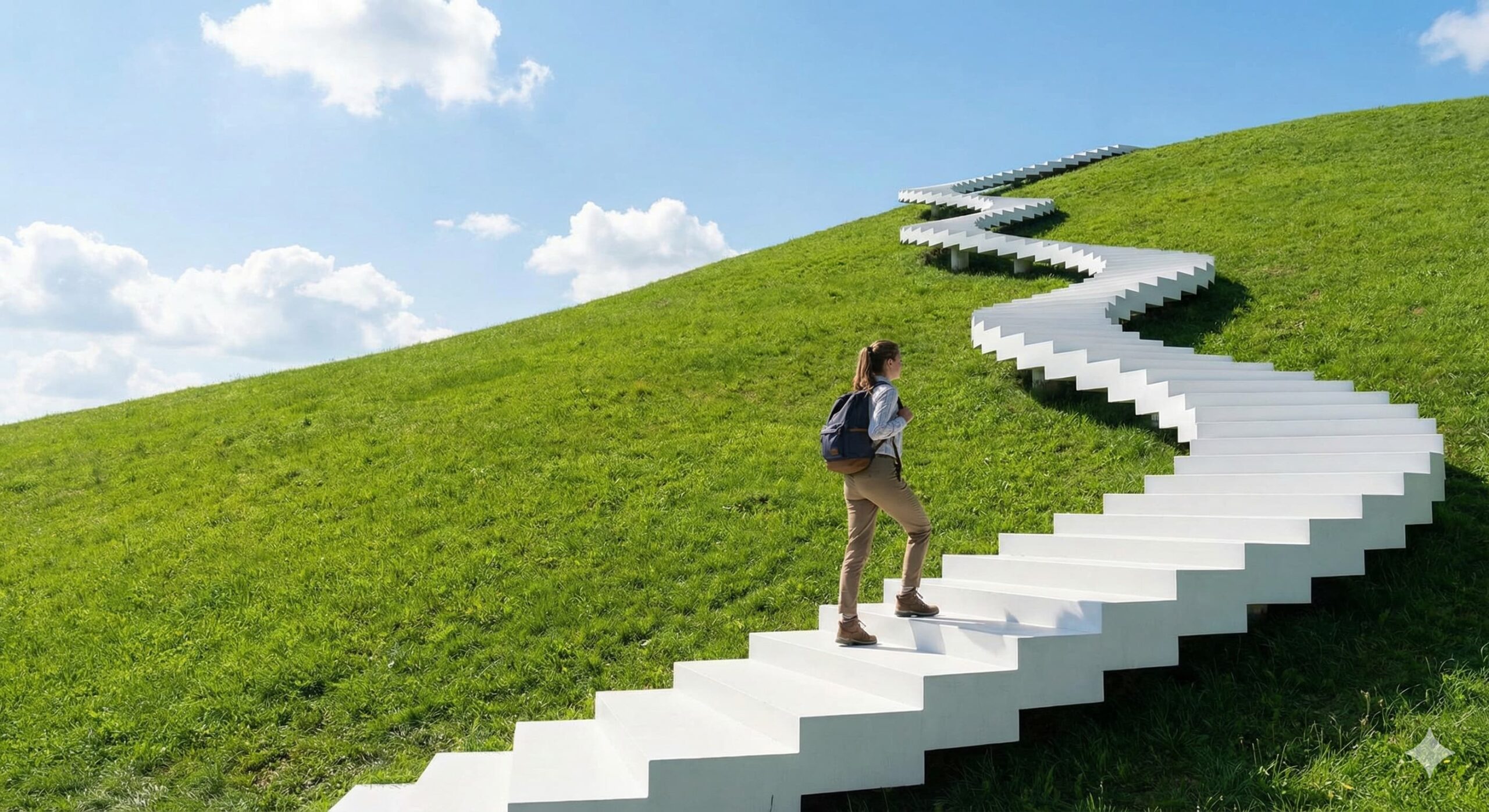 푸른 초원 위로 뻗은 계단을 힘차게 걸어 올라가는 여성, 체계적인 투자 전략과 목표 달성을 상징하는 이미지.