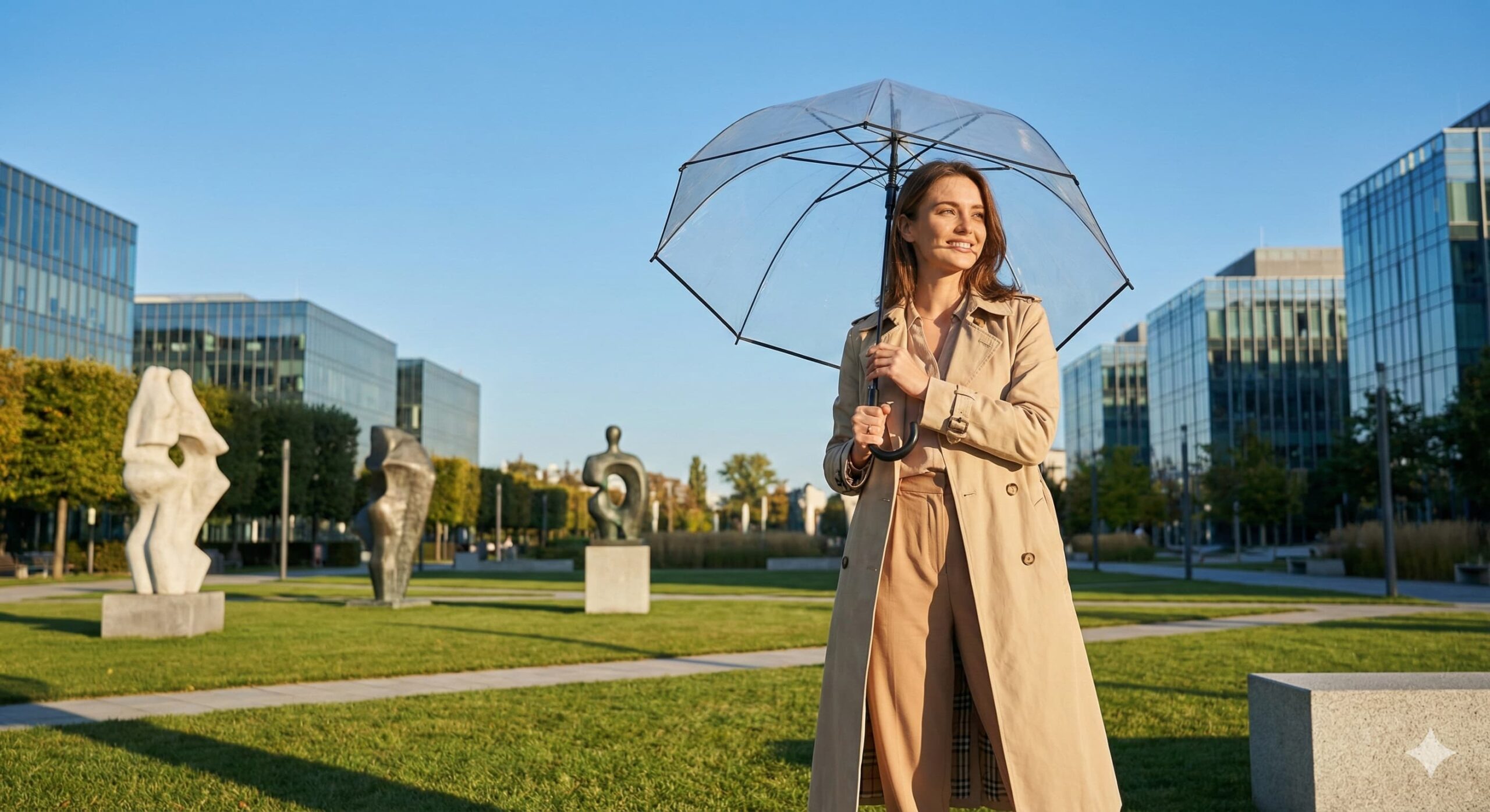 맑은 날씨의 공원에서 투명 우산을 들고 서 있는 여성, 리스크 관리와 사전 대비의 중요성을 상징하는 이미지.