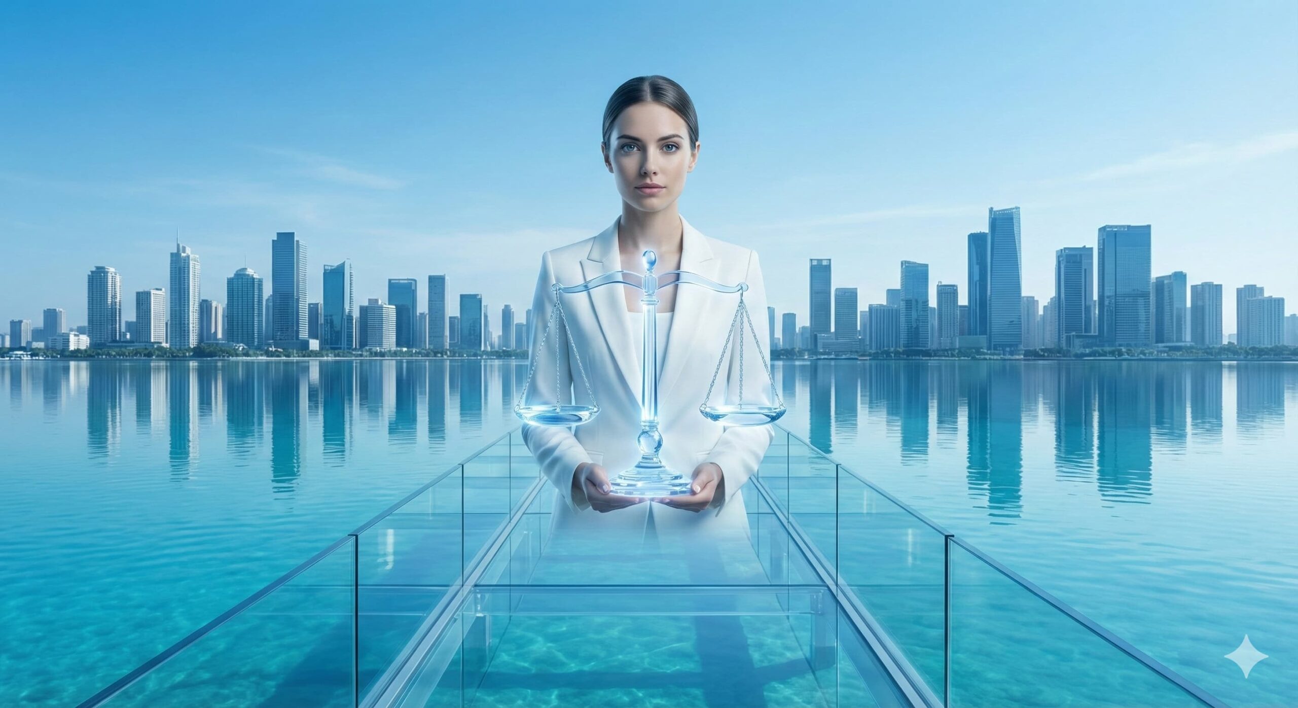 투명한 호수 위, 유리로 된 징검다리에 서서 균형 잡힌 크리스탈 저울 오브제를 손에 들고 있는 여성 모델, 공정함과 투명성을 상징.