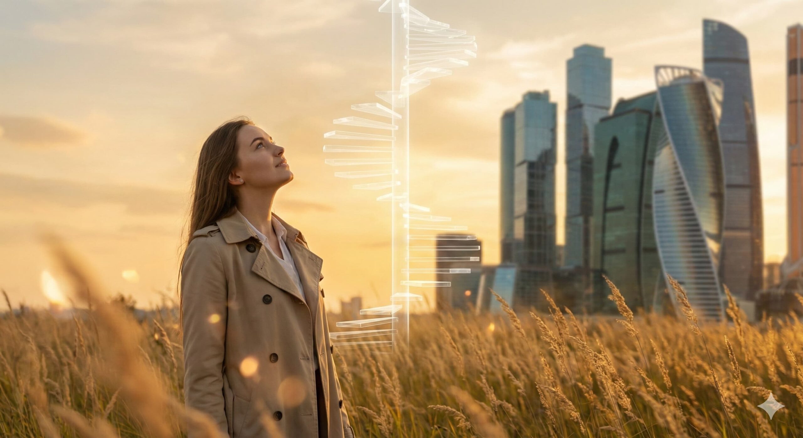 황금 빛 들판과 현대적인 빌딩이 공존하는 배경에서, 하늘로 뻗은 나선형 계단을 올려다보는 여성 모델, 한국 증시의 풍요와 성장을 상징.