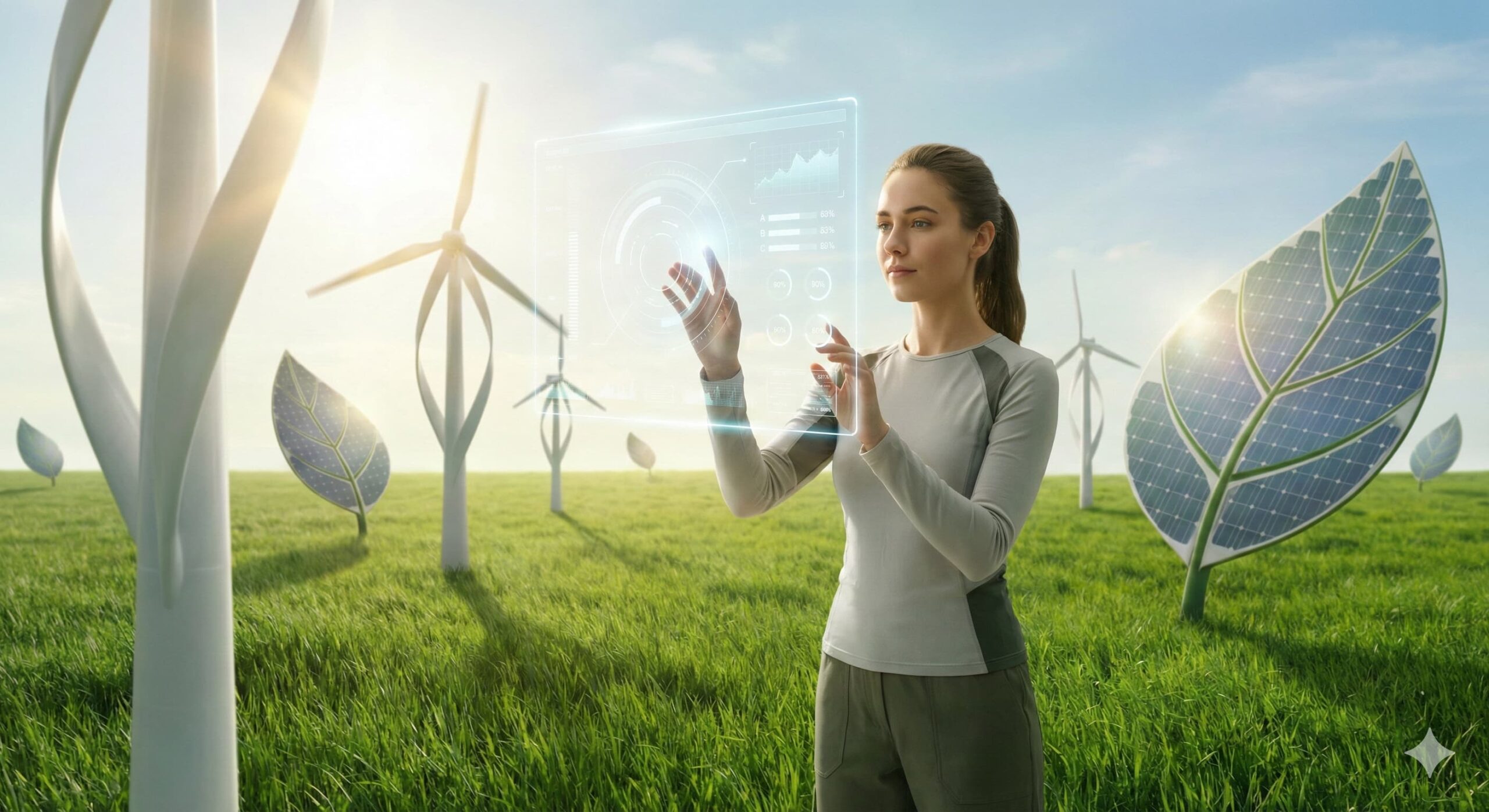 거대한 풍력 발전기와 태양광 패널이 예술적으로 배치된 초원, 그 속에서 태블릿 홀로그램 장치를 조작하는 여성 모델, 자연과 기술의 공존.