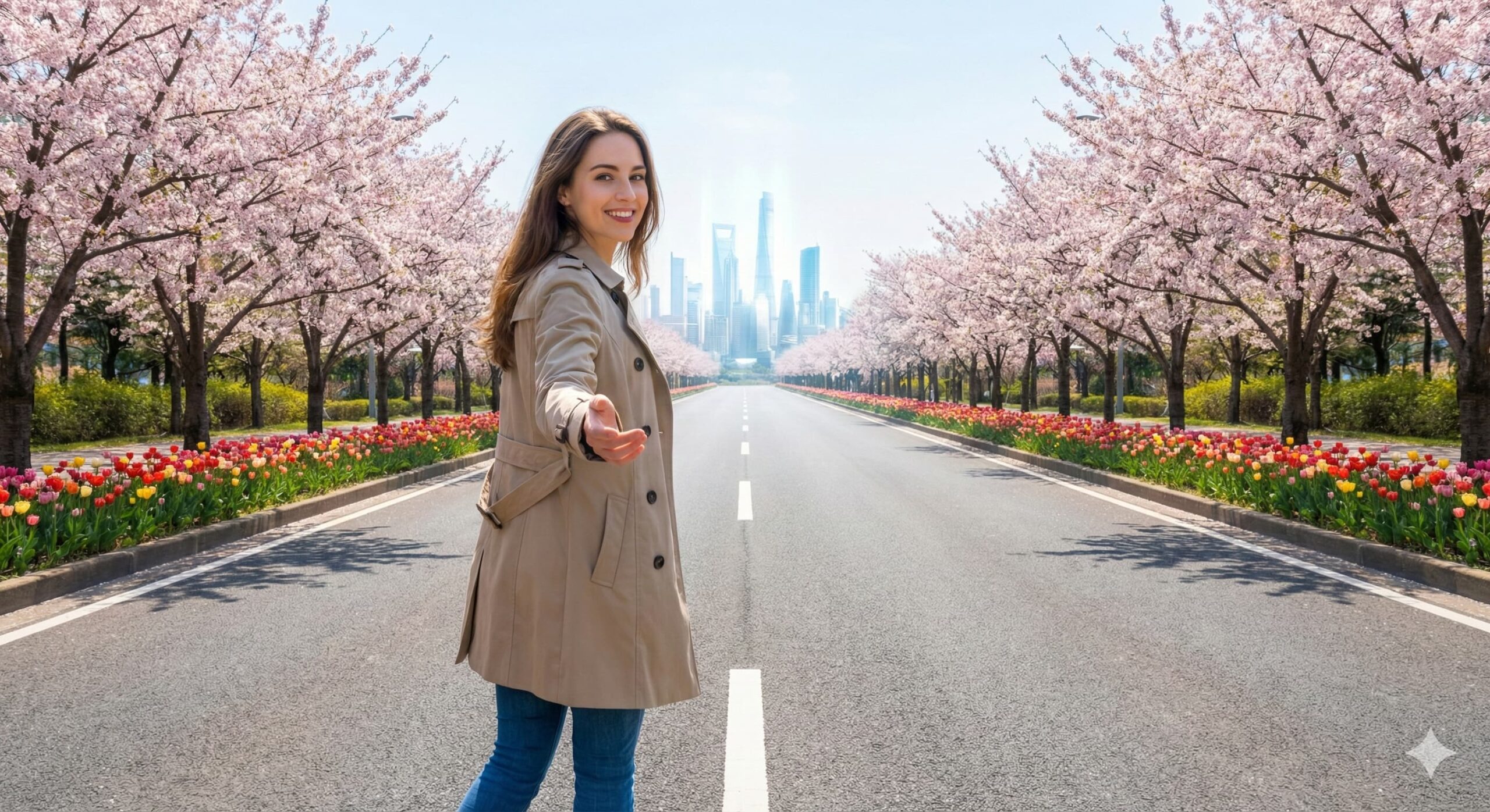 꽃이 만발한 곧게 뻗은 도로 위를 걸으며 뒤를 돌아 손을 내미는 여성 모델, 멀리 보이는 빛나는 미래 도시, 여러분과 동행을 의미.