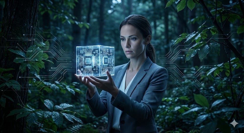 숲 속에서 AI 반도체 기술을 상징하는 빛나는 큐브를 들고 있는 여성 모델, 자연과 투자 기술의 조화.