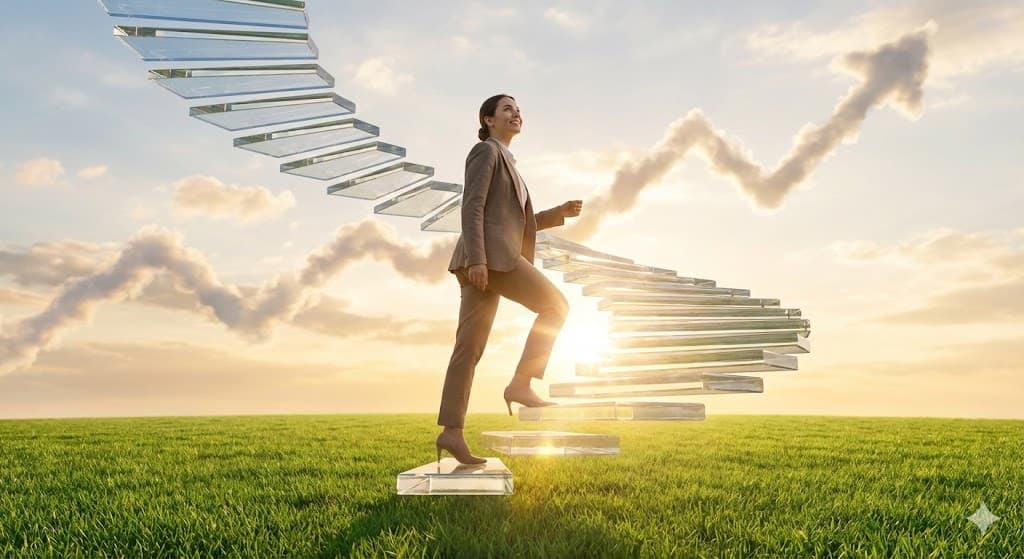 푸른 초원 위로 상승하는 계단을 오르며 한국 투자 증시의 밸류업을 상징하는 여성 모델.