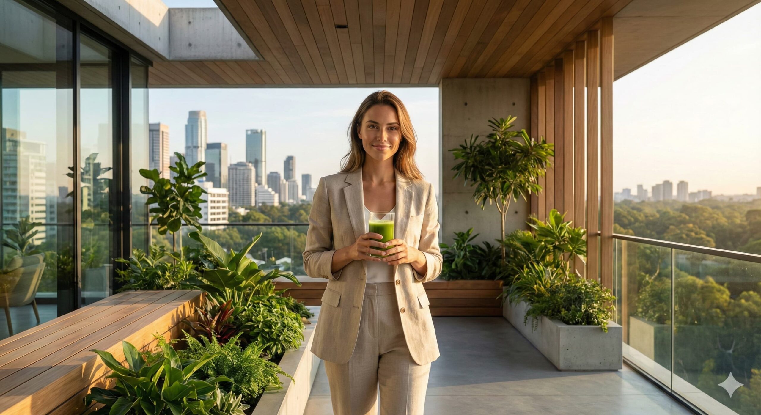 "현대적인 테라스에서 자연과 교감하며 부신 피로 증후군에서 회복하여 건강한 활력을 되찾은 지적인 여성 모델의 우아한 모습"