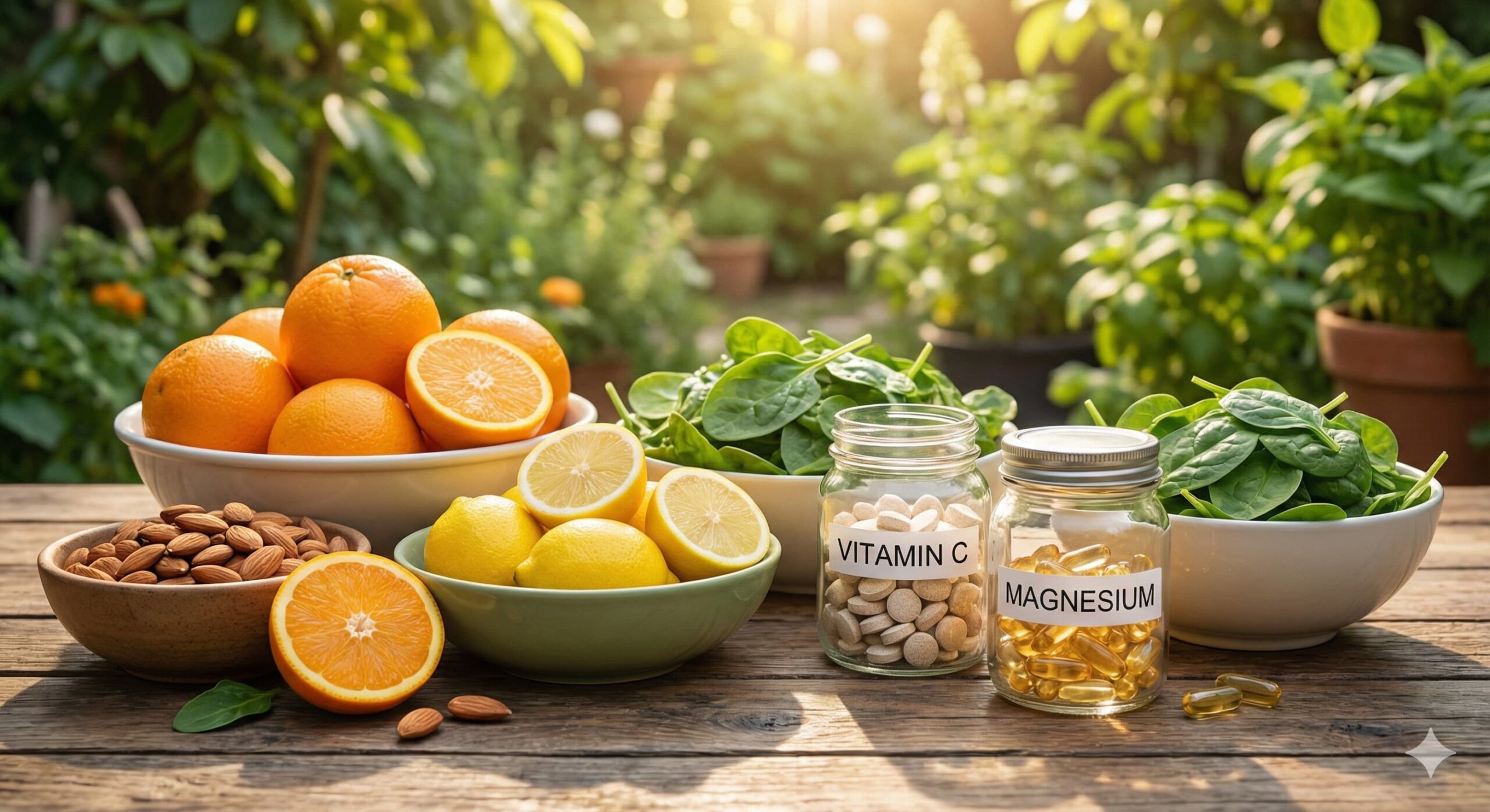 자연광이 가득한 정원에서 비타민 C와 마그네슘 등 건강한 영양소가 조화를 이룬 풍경