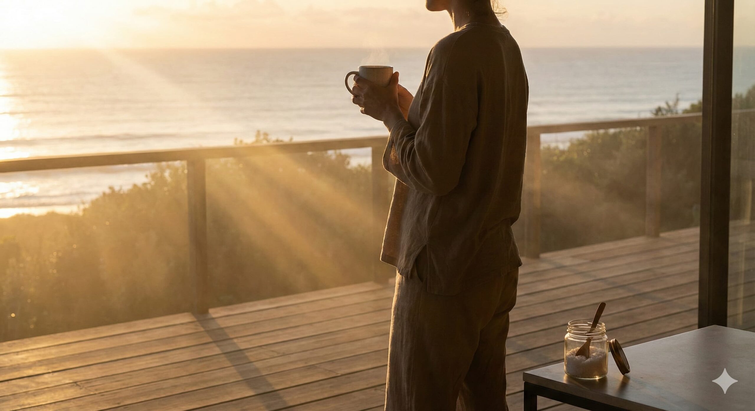 바다가 보이는 발코니에서 아침 햇살을 맞으며 따뜻한 물 한 잔으로 하루를 시작하는 평온한 의식