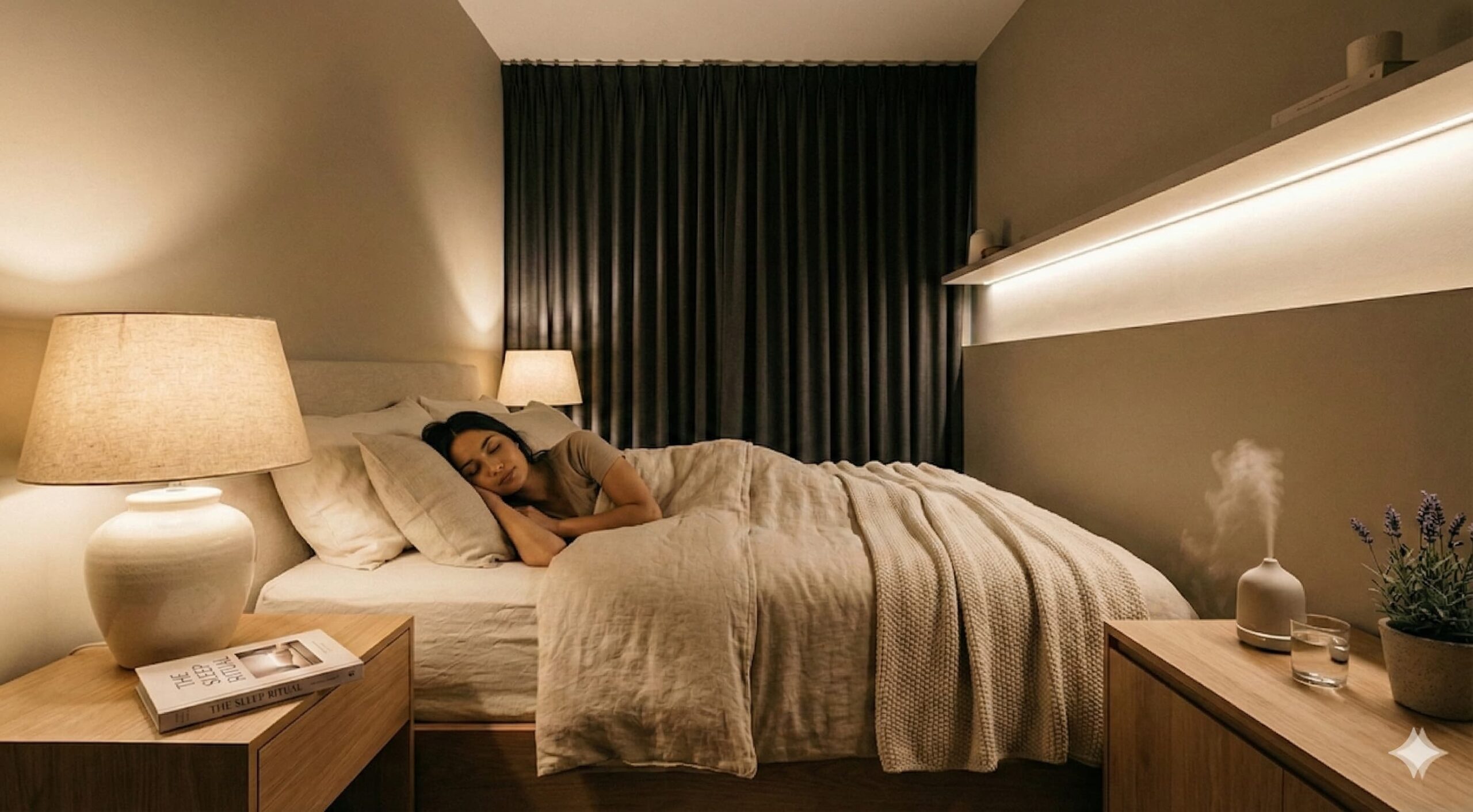 우아한 침실에서 옆으로 누워 깊은 숙면을 취하며 부신을 재생 시키는 모델의 평온한 모습