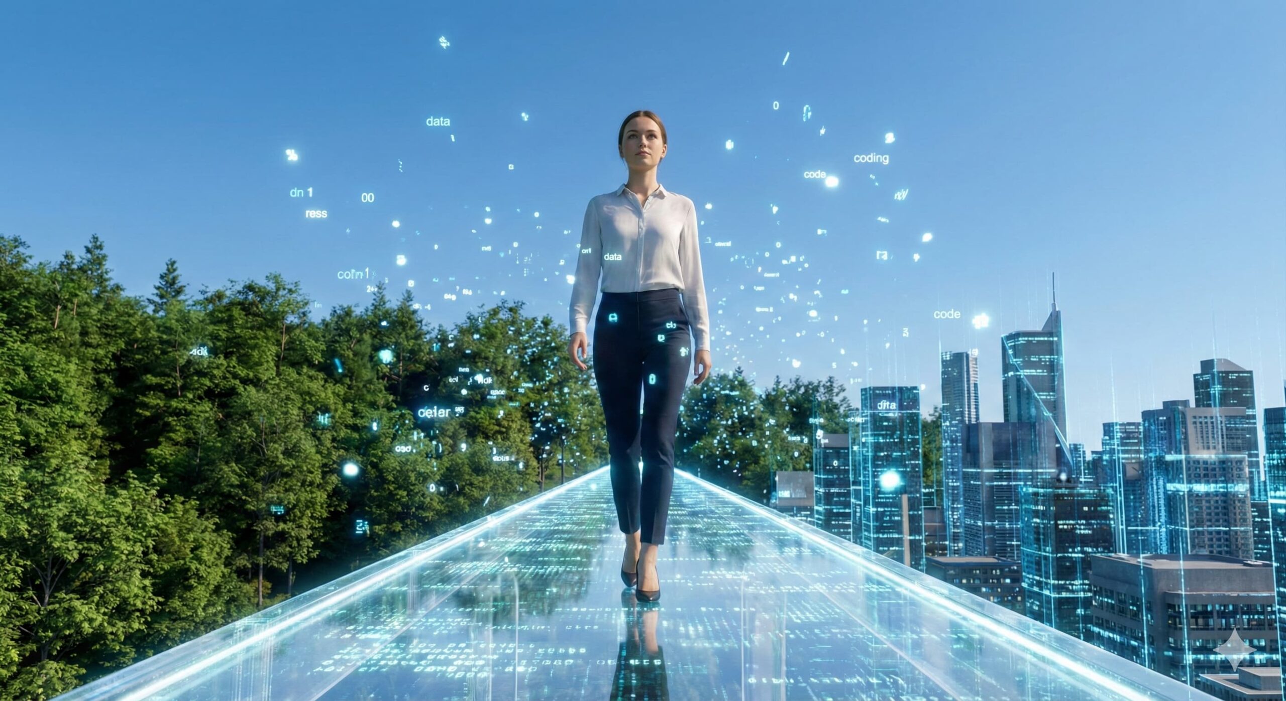 "부트캠프를 상징하는 숲과 디지털 도시를 잇는 빛나는 다리를 건너며 데이터 입자 속에 있는 여성 모델"