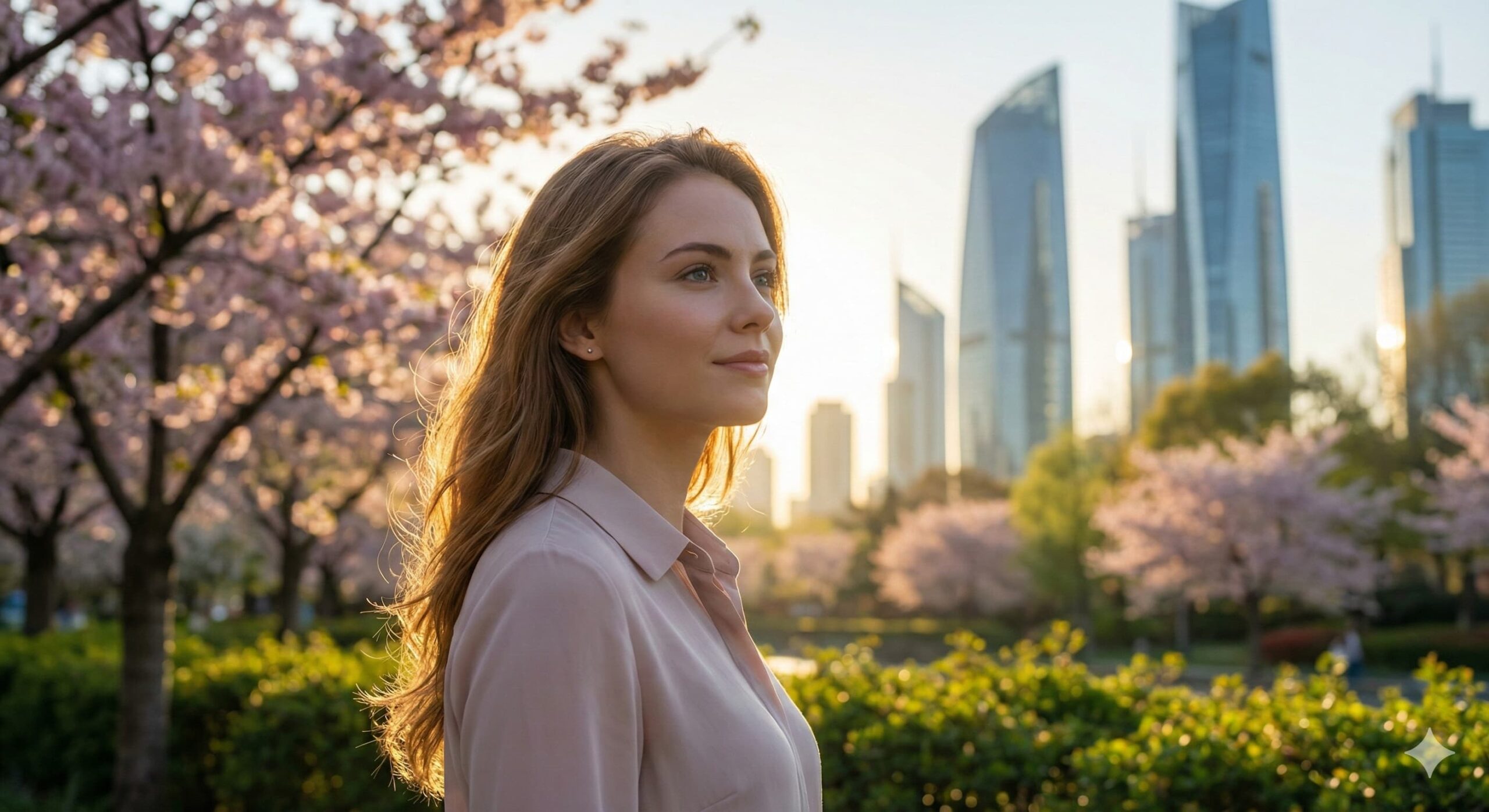 벚꽃이 핀 공원과 미래 도시를 배경으로 부트캠프에 대한 희망으로 가득 차있는 표정을 짓고 있는 지적인 여성 모델
