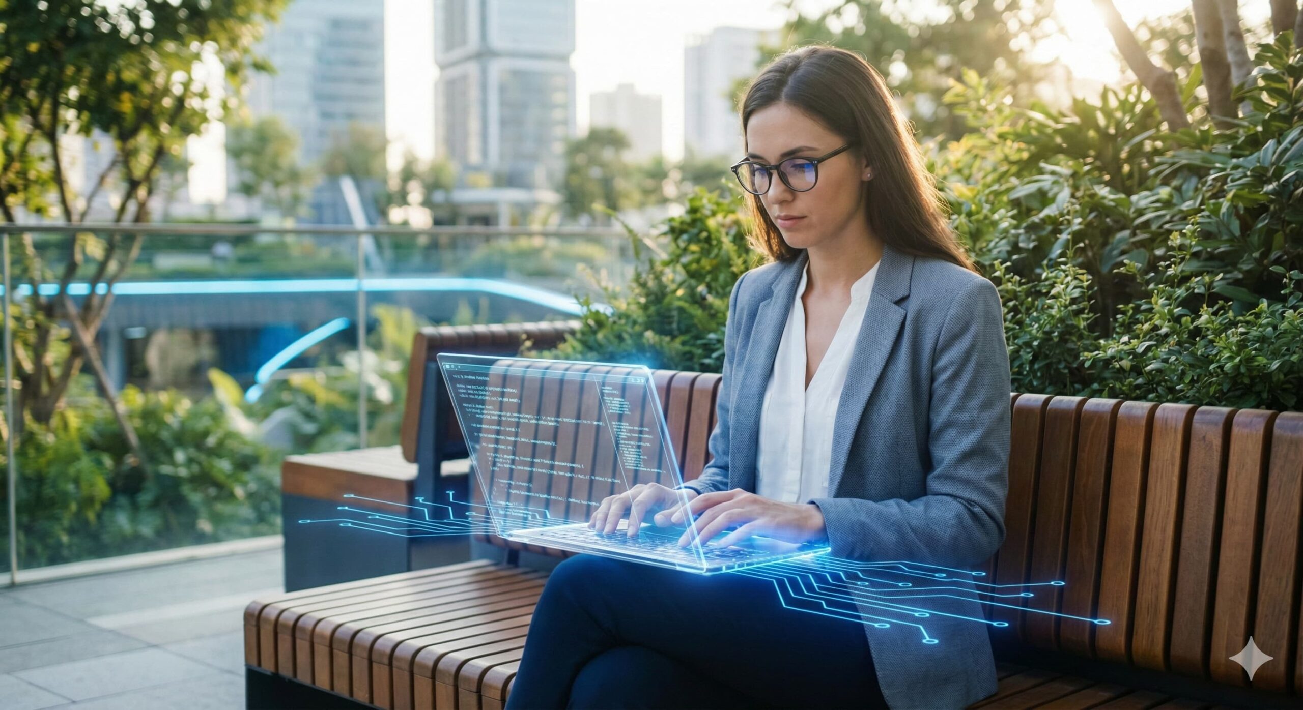 스마트 시티 공원 벤치에서 홀로그램 노트북으로 집중하여 코딩 학습을 하는 여성 모델