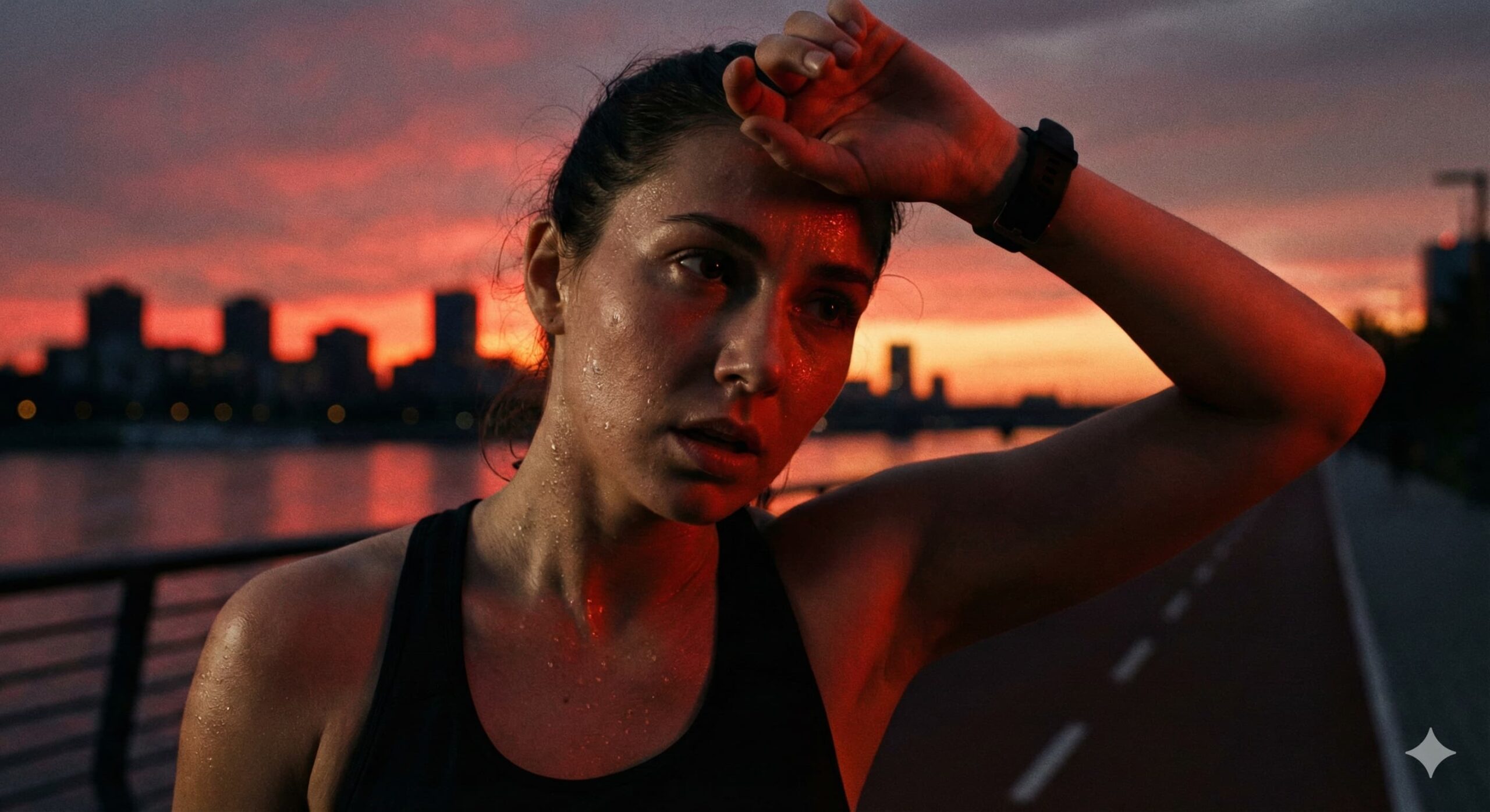 노을 지는 강변 트랙에서 땀을 흘리며 결의에 찬 눈빛으로 숨을 고르는 여성 모델