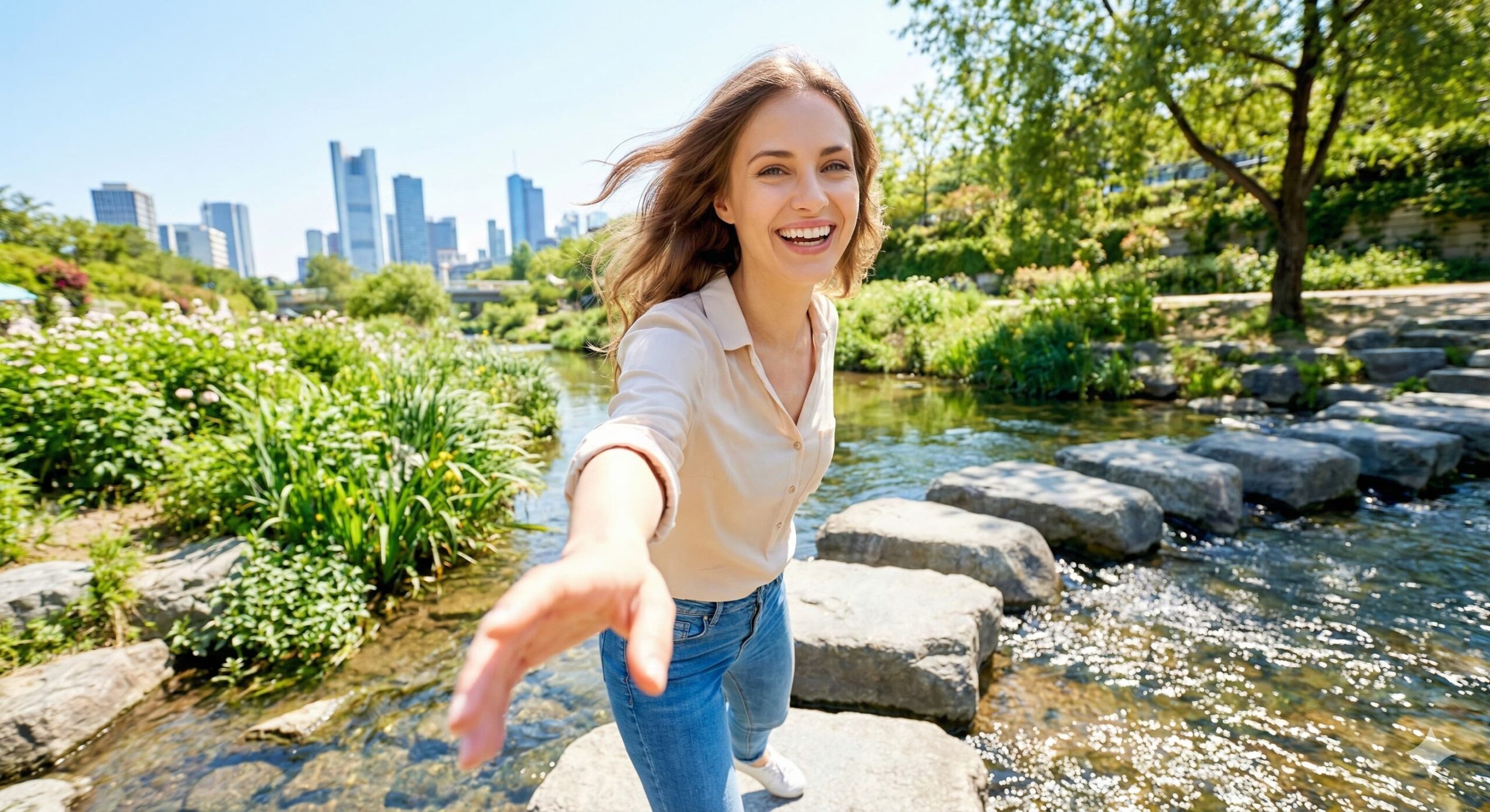 징검다리를 건너며 밝은 미소로 손을 내밀고 있는, 성장을 이룬 여성 모델