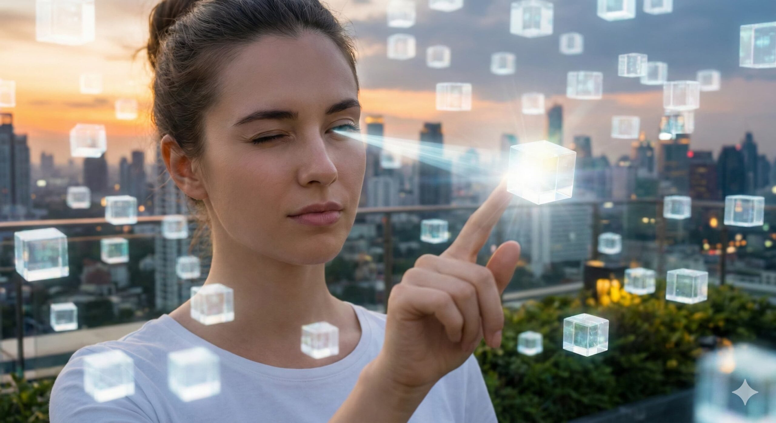 도시 루프탑에서 수많은 데이터 속에서 빛나는 진실을 찾아내는 예리한 눈빛의 여성 모델