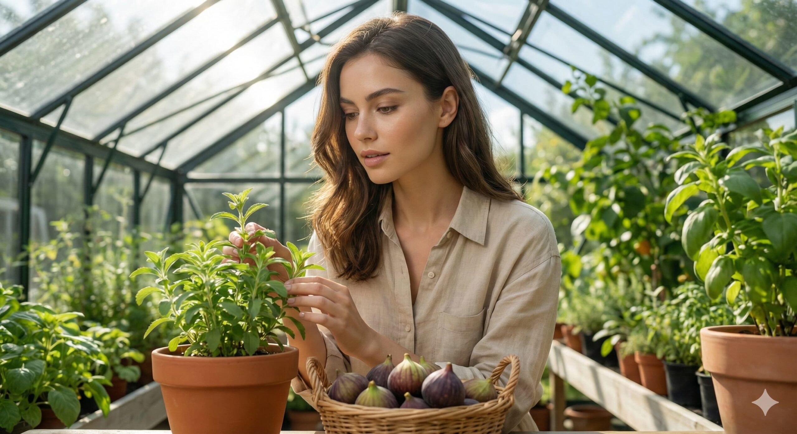 유리 온실에서 저당 디저트 재료인 스테비아와 무화과 등 천연 감미료 재료를 관찰하는 지적인 여성