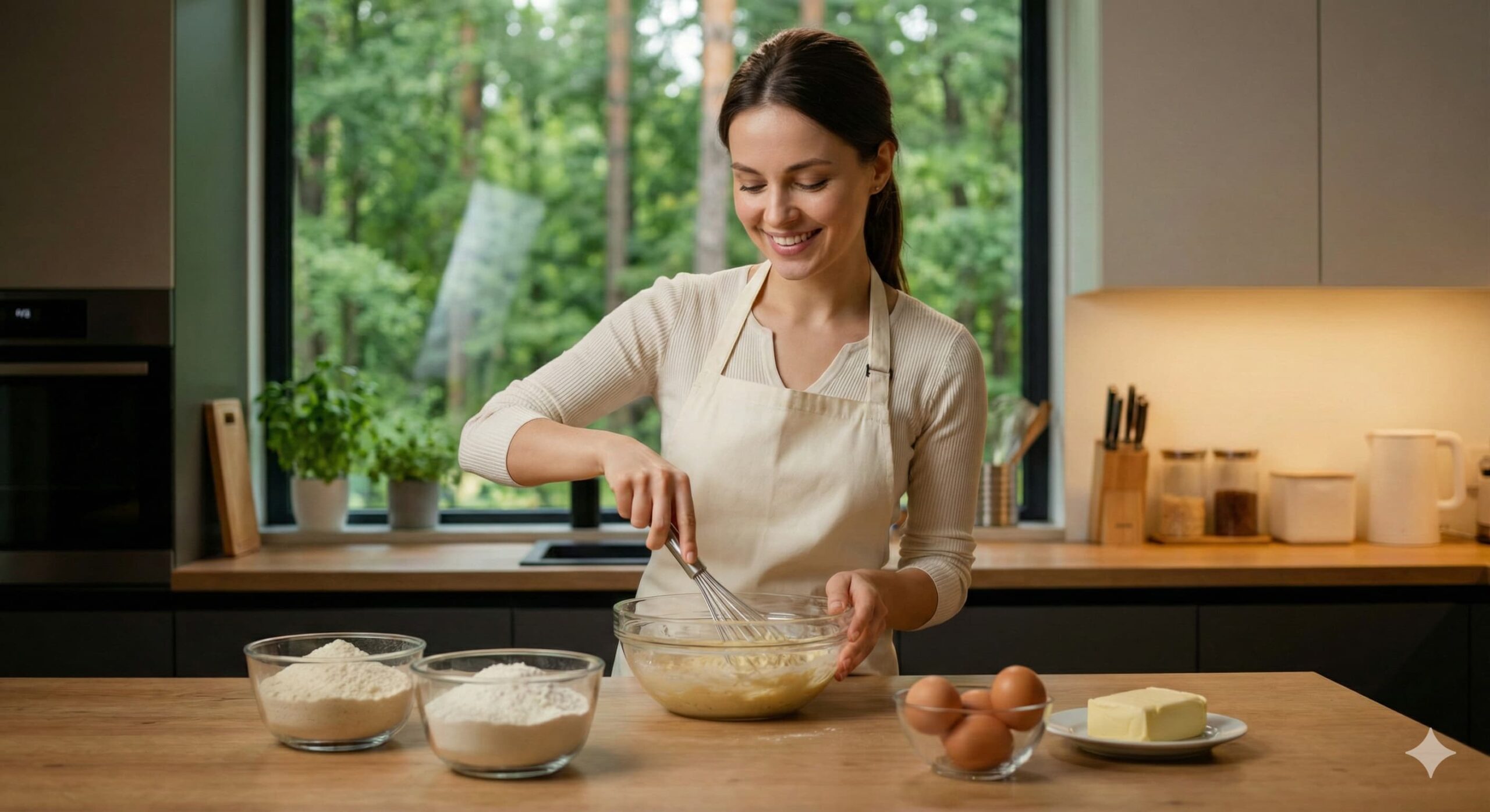 숲이 보이는 모던한 주방에서 아몬드 가루로 건강한 저당 디저트로 베이킹을 하는 여성