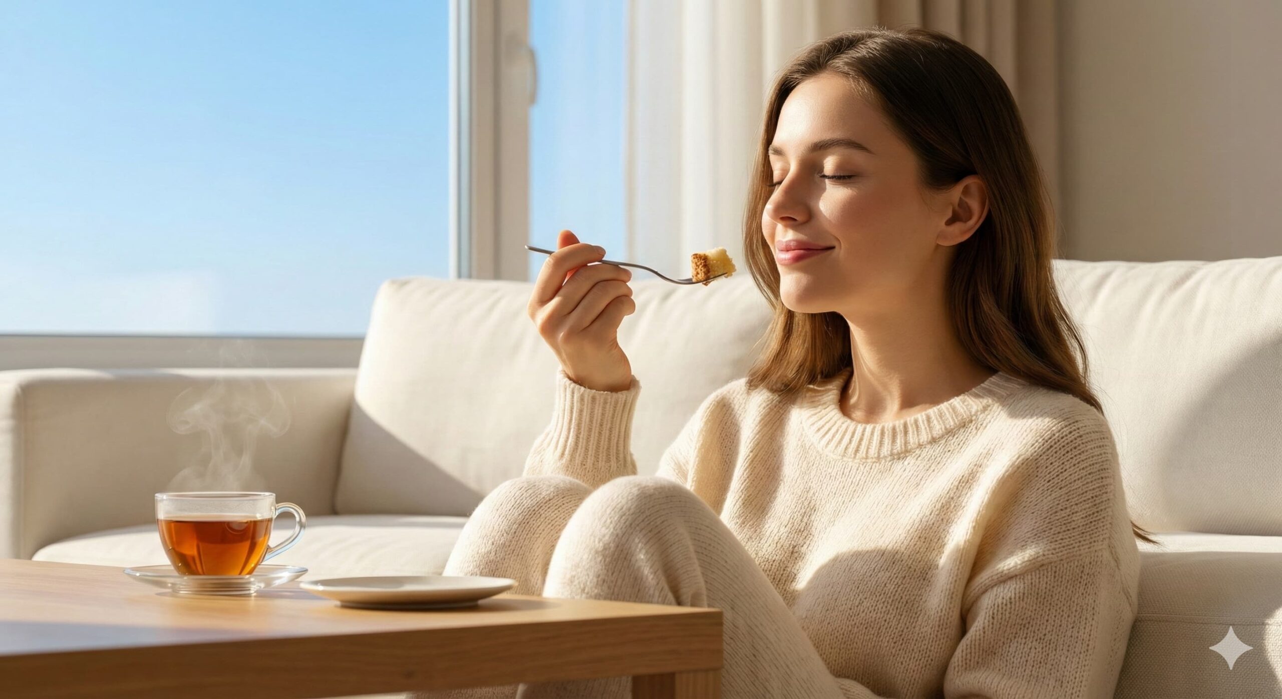 따뜻한 차와 함께 저당 케이크의 맛을 음미하며 행복해하는 여성