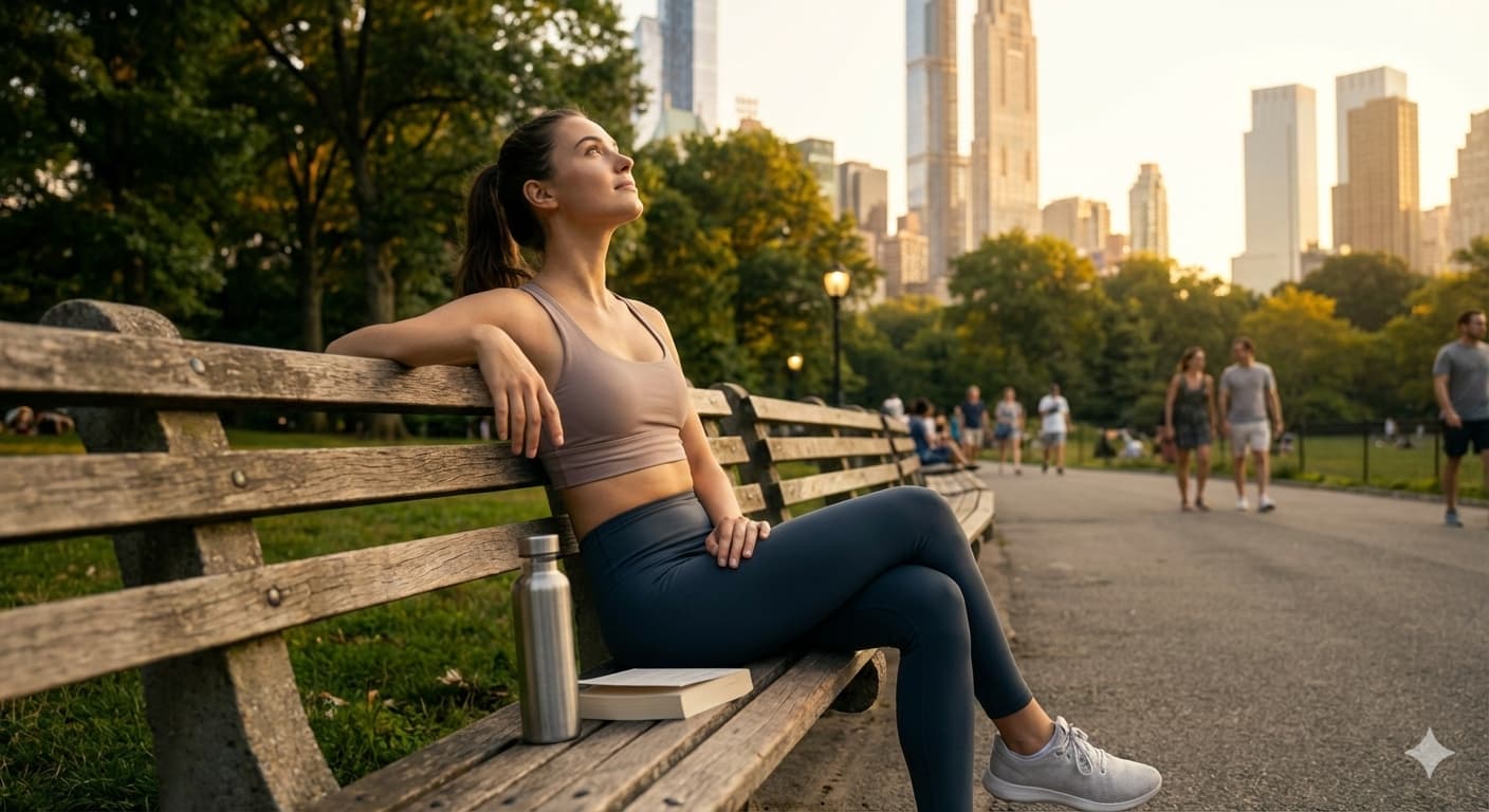 운동 후 공원 벤치에서 휴식을 취하며 건강한 삶을 즐기는 여성