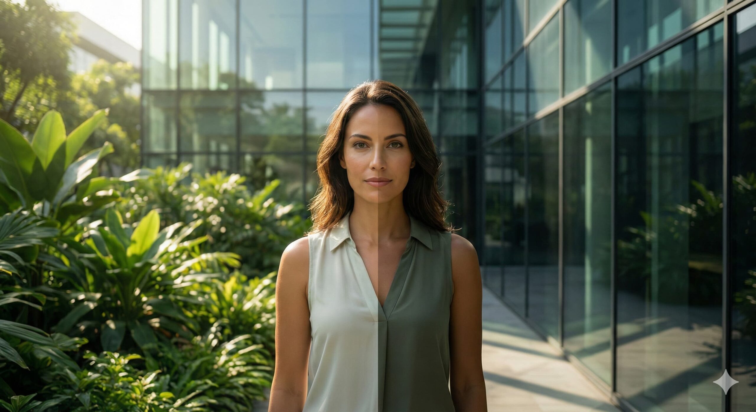 빛과 그림자로 16대 8의 시간 비율을 형상화한 배경에 서 있는 아름다운 여성, 간헐적 단식의 균형과 생명력을 표현한 대표 이미지.