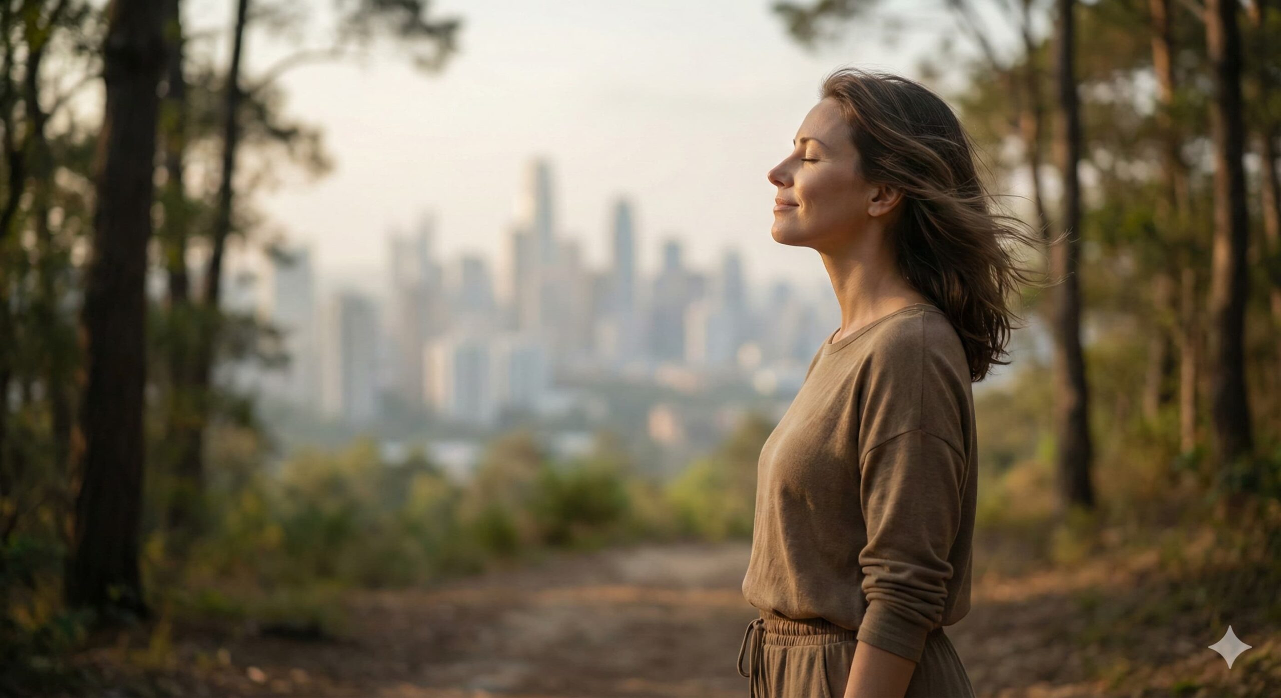 도시를 배경으로 숲속에서 눈을 감고 편안하게 휴식을 취하며 몸과 마음을 비우는 여성 모델.