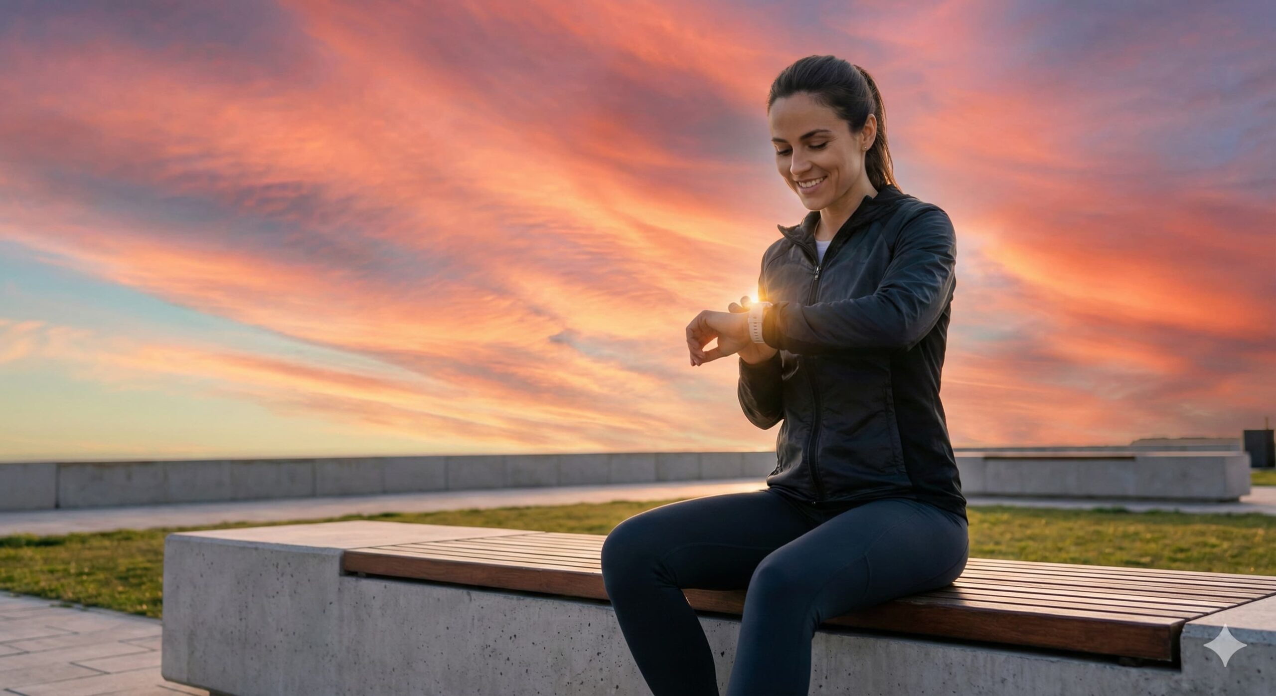 공원에서 스마트워치를 확인하며 단식 시간을 체크하는 여성, 16:8 간헐적 단식 스케줄링을 상징하는 이미지.