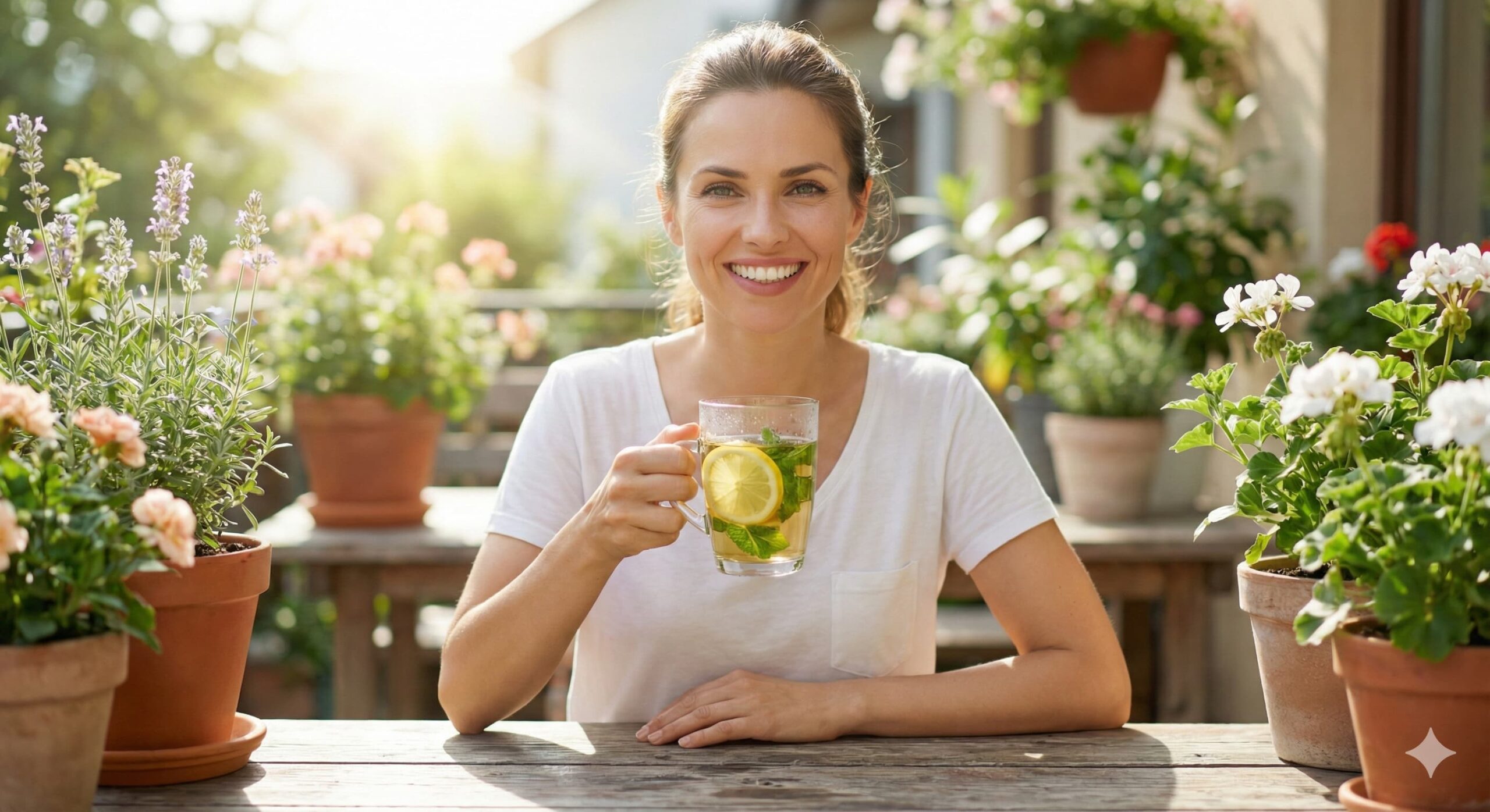 야외에서 맑은 물이 담긴 유리잔을 들고 있는 여성, 공복 유지 중 수분 섭취의 중요성을 보여주는 이미지.