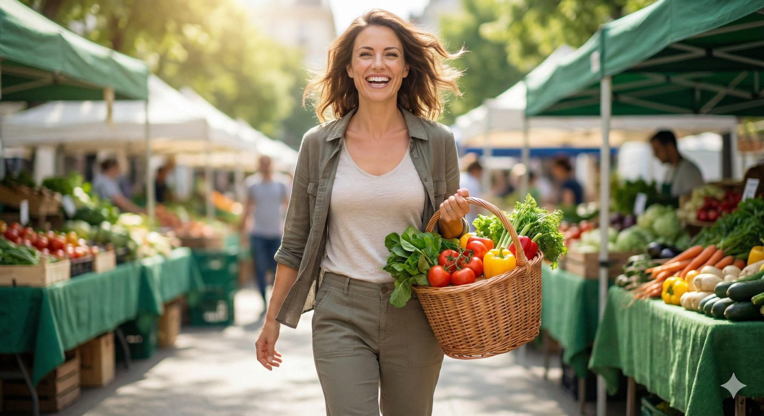 신선한 채소와 과일 바구니를 들고 활기차게 걷는 여성, 비움 후 건강한 식재료로 몸을 채우는 기쁨을 표현한 이미지.