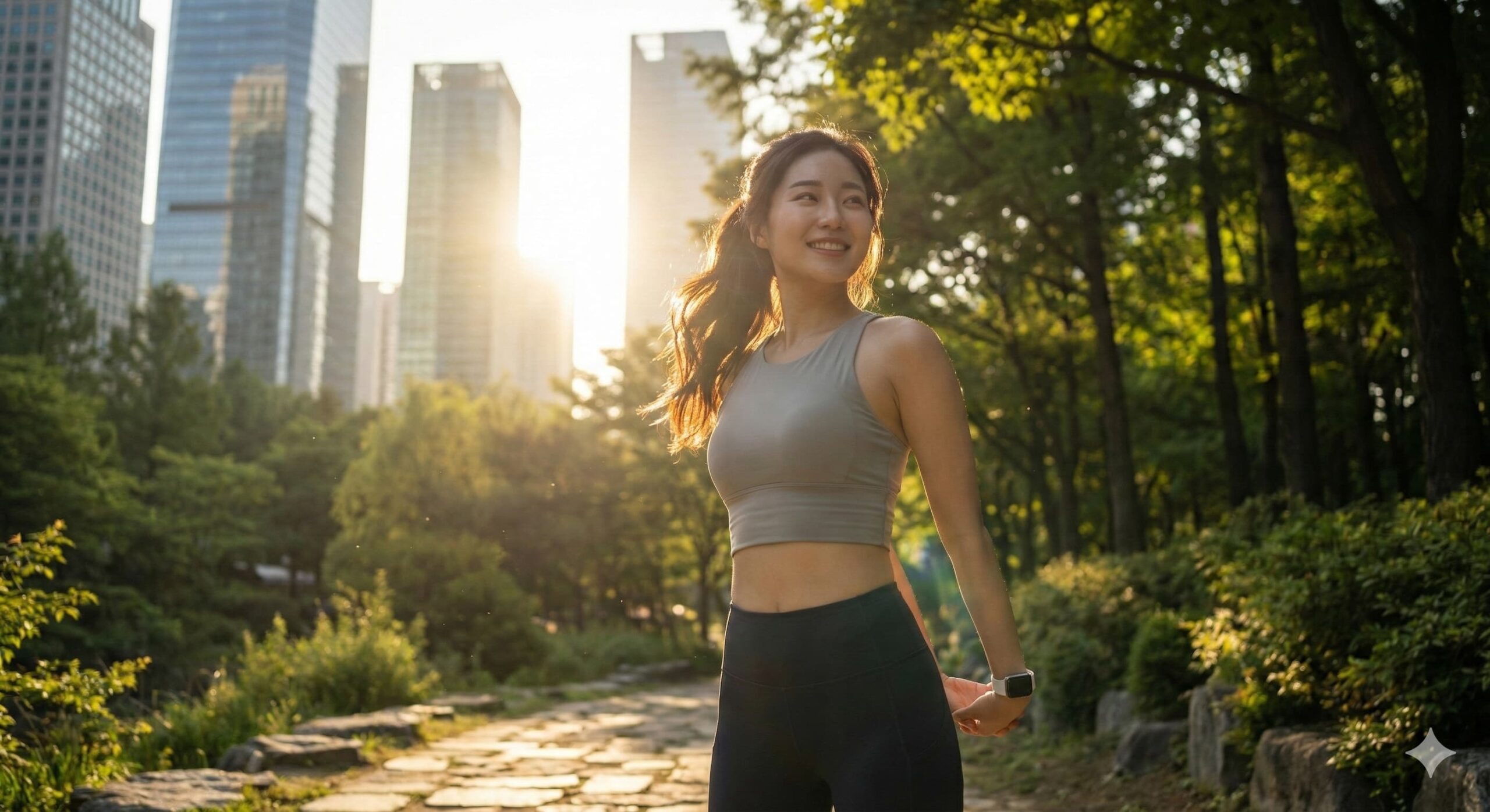 도심 속 공원에서 아침 햇살을 받으며 활력 넘치게 기지개를 켜는 건강한 여성의 모습