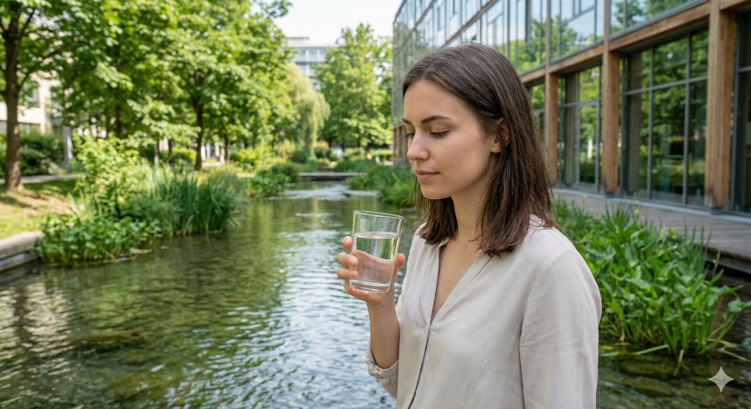 맑은 물이 흐르는 자연 친화적 공원에서 깨끗한 물을 든 여성이 해독과 정화를 상징하는 모습
