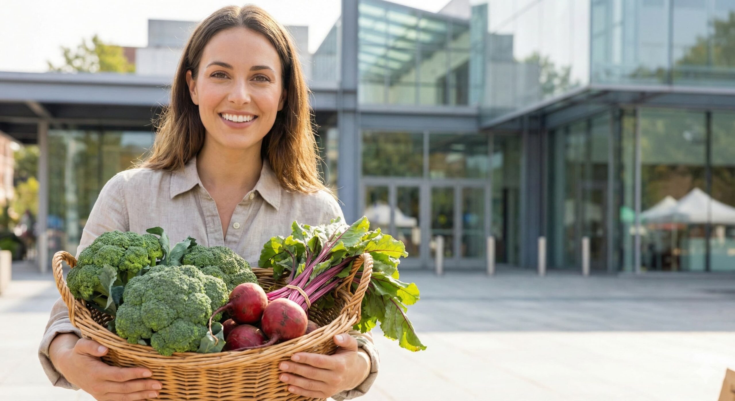 야외 마켓에서 간 건강에 좋은 신선한 브로콜리와 비트를 고르는 여성
