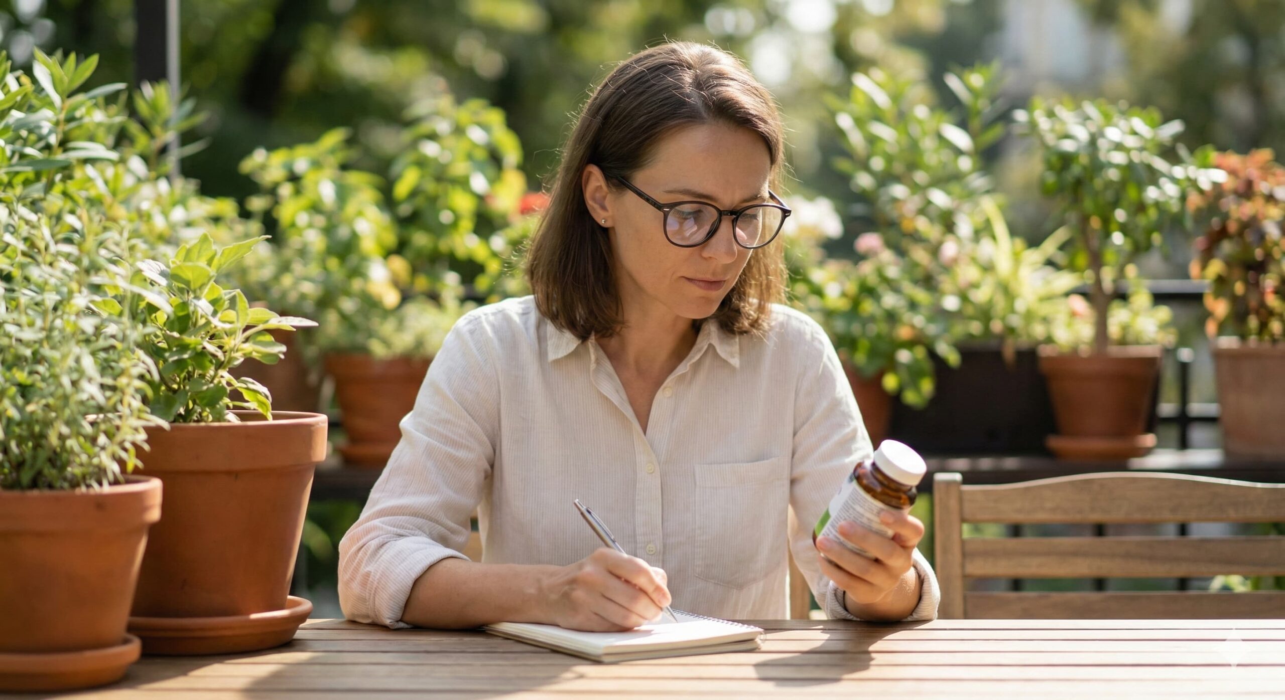 야외 테라스에서 꼼꼼하게 간 건강 영양제 성분을 확인하는 지적인 여성