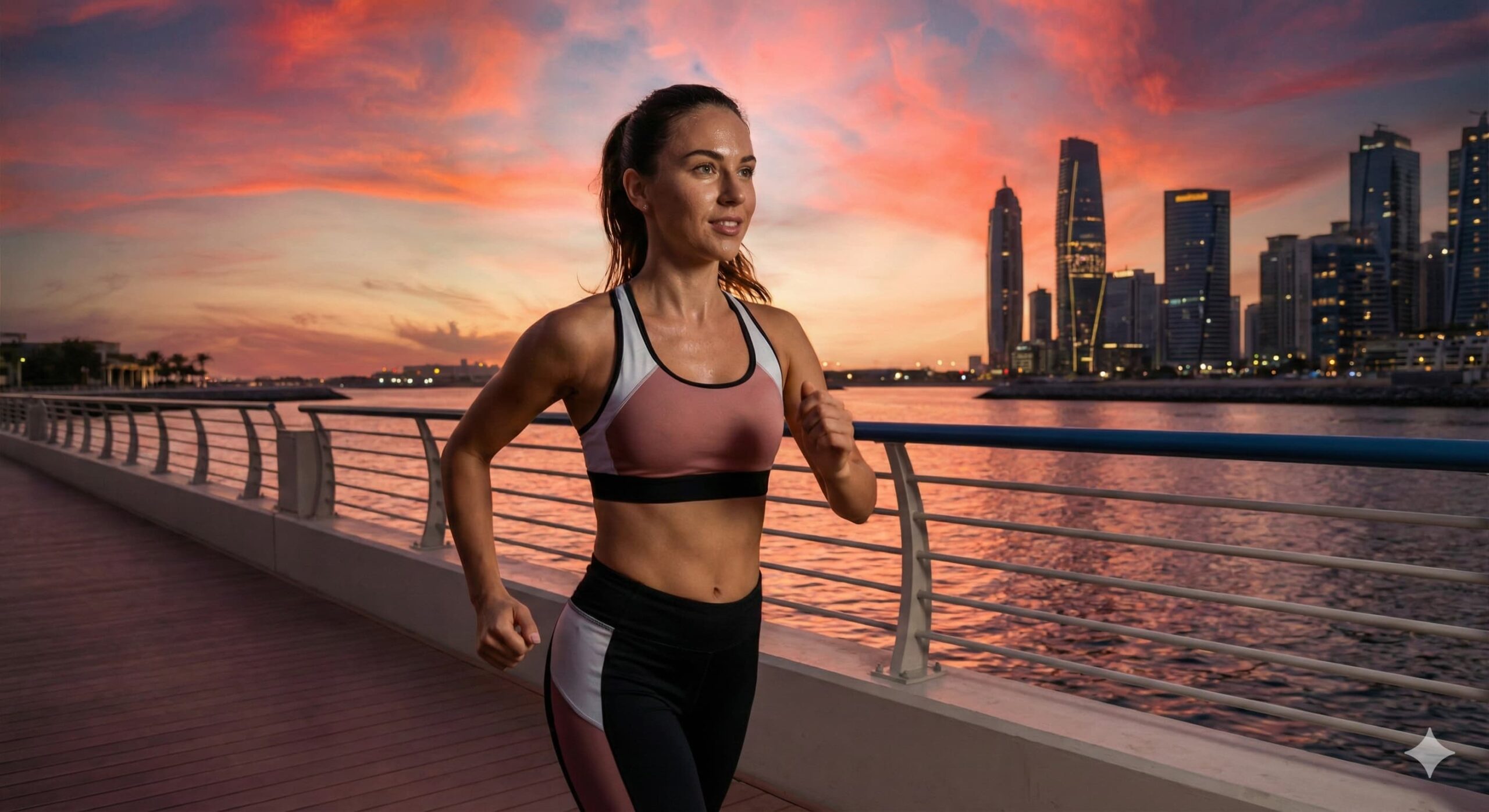 노을 진 도심 공원에서 가볍게 조깅하며 간 건강을 위한 운동을 실천하는 여성