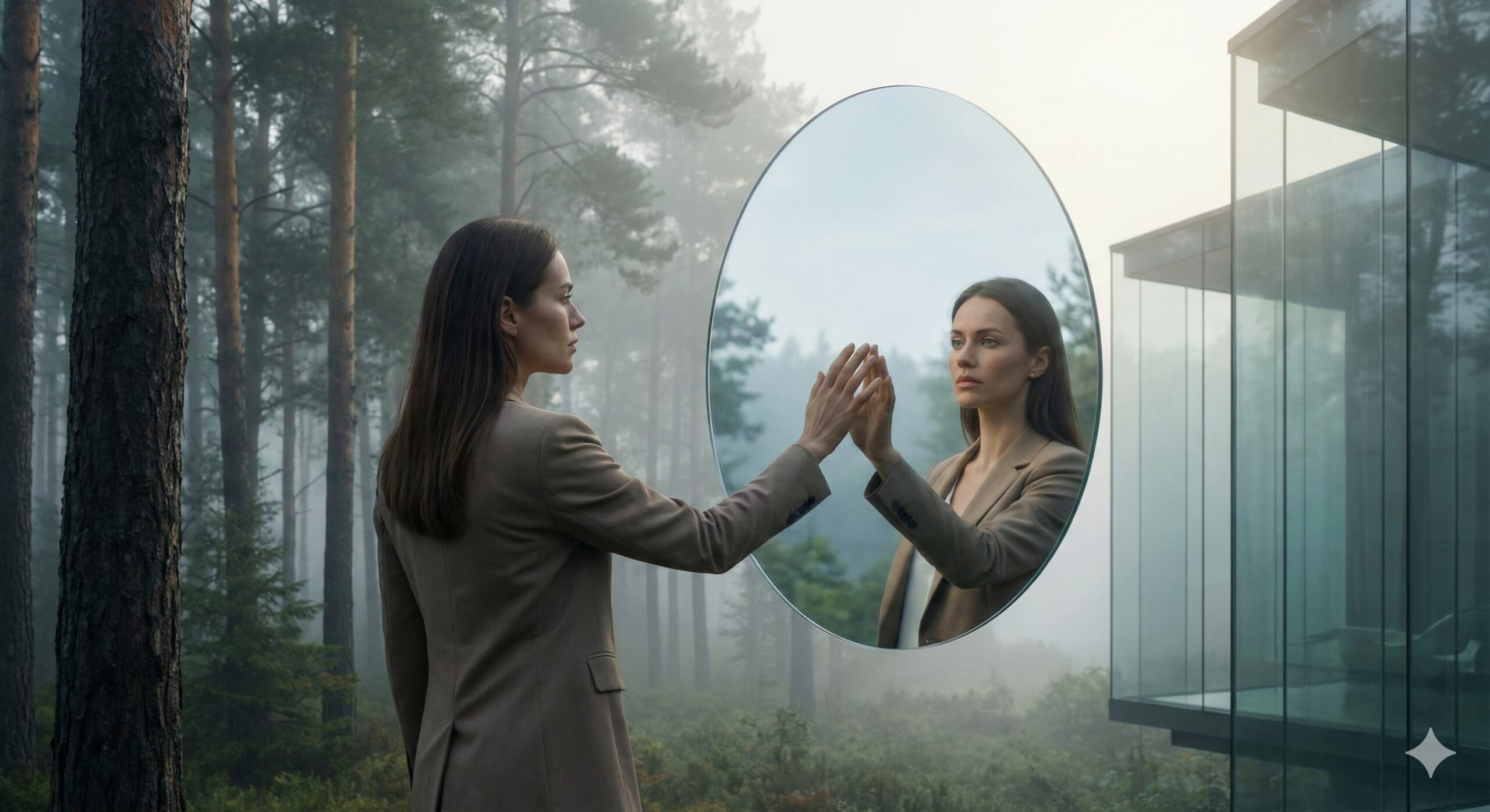 안개 낀 숲속에서 공중에 떠 있는 맑은 거울을 닦으며 자신의 선명한 모습을 바라보는 아름다운 여성, 가스라이팅 극복과 자아 찾기 썸네일.