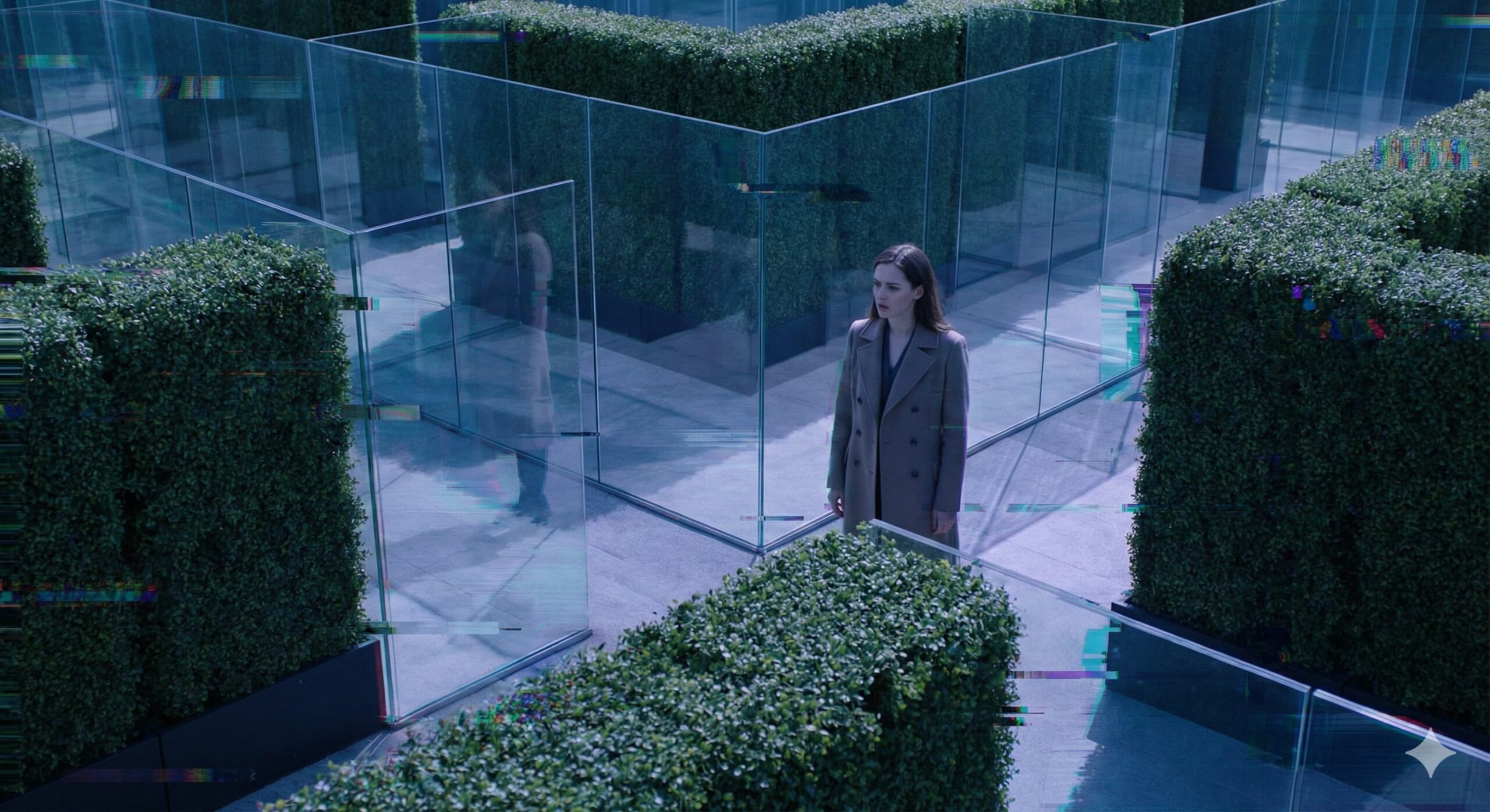 복잡한 유리 미로 정원 속에 서서 혼란스러워하는 여성, 왜곡된 현실과 심리적 불안을 나타내는 가스라이팅 이미지.