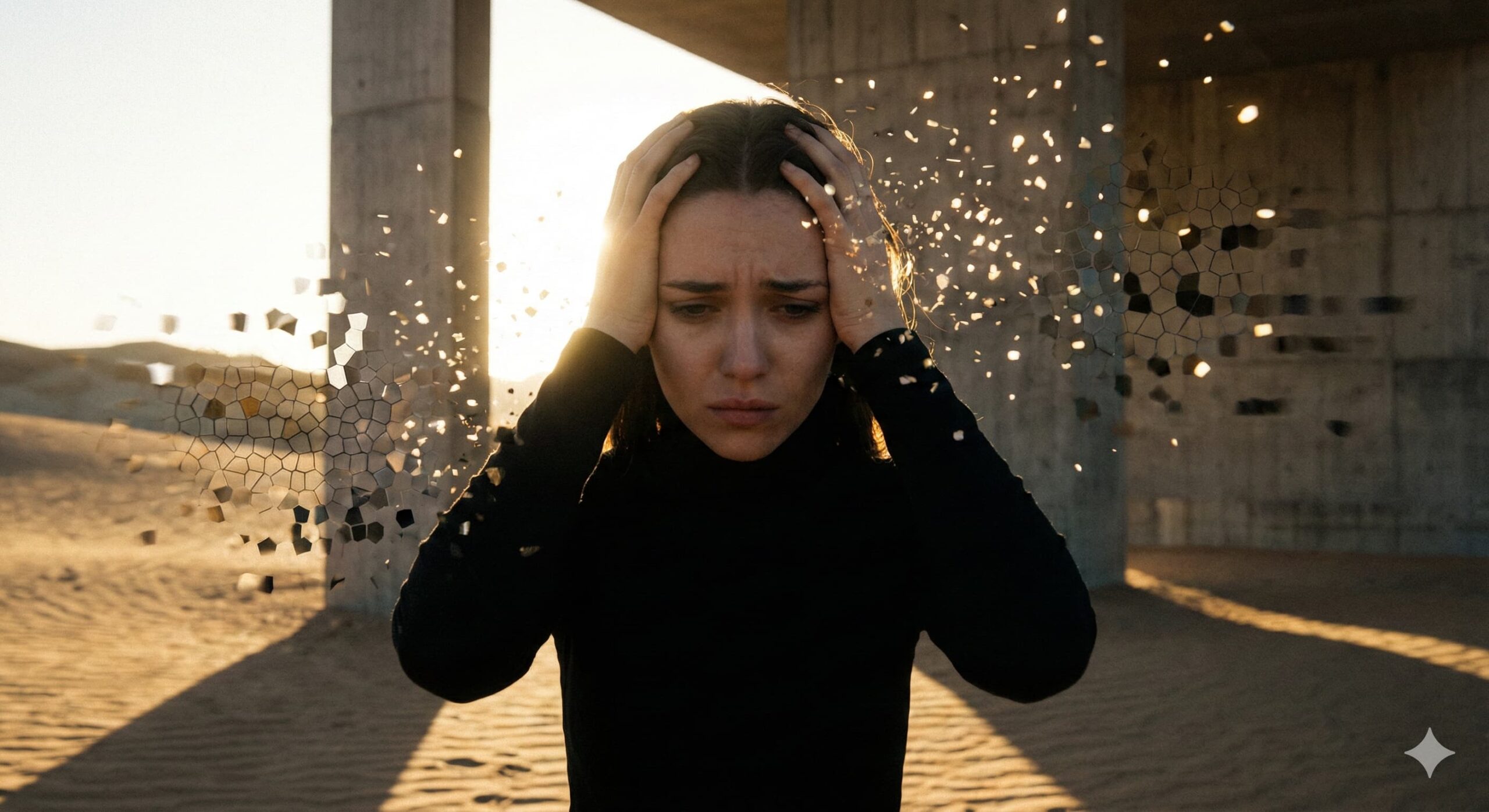 사막 위 현대 건축물 앞에서 기억이 흩어지는 듯한 효과 속에 괴로워하는 여성, 가스라이팅 기억 조작과 인지 능력 상실.