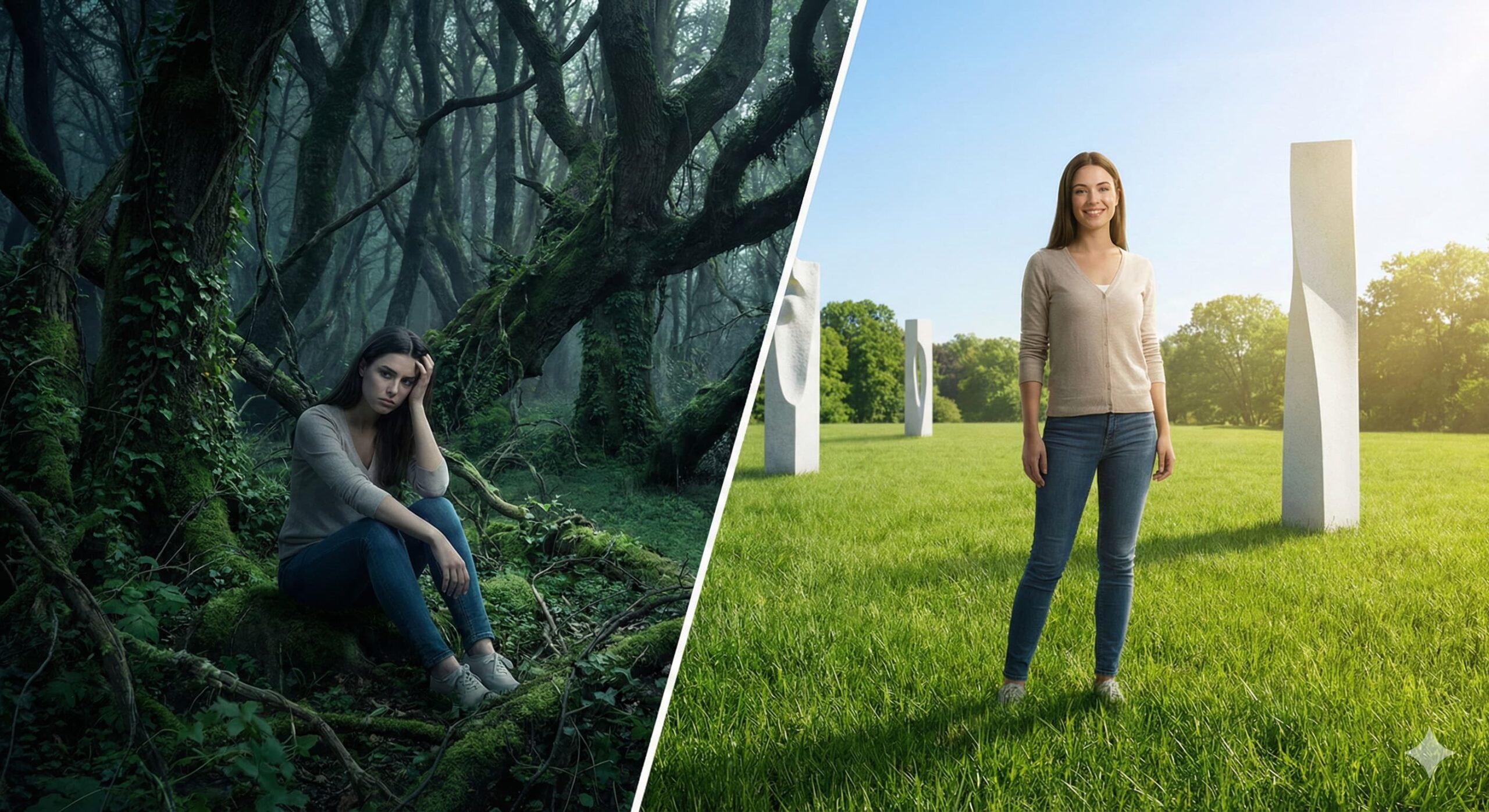어두운 숲과 밝은 초원의 대비 속에 있는 여성, 건강한 관계와 가스라이팅 관계의 차이점을 시각화한 이미지.