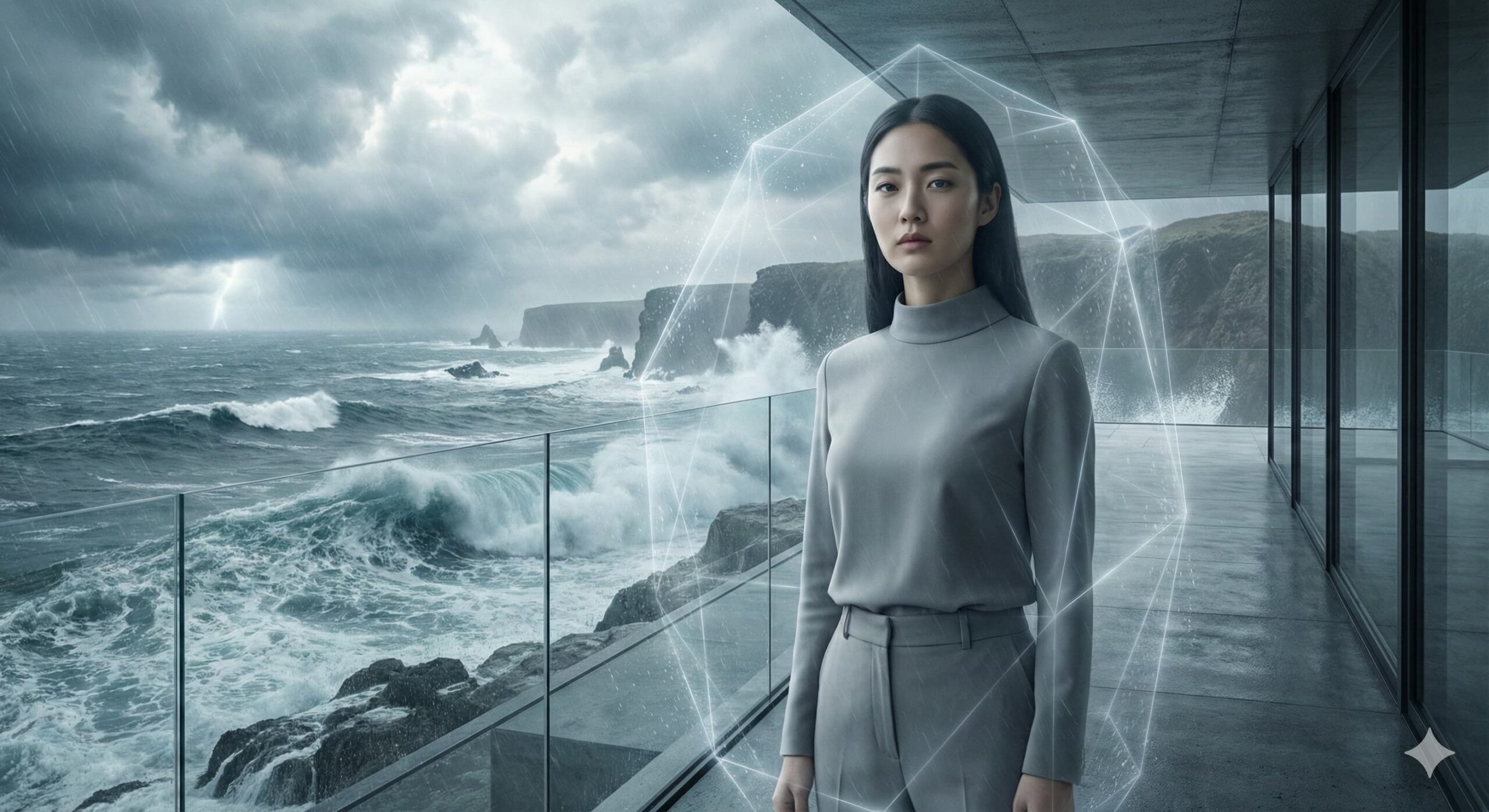폭풍우 치는 바다 앞 투명 보호막 안에서 무표정하게 서 있는 여성, 가스라이팅 대처법 회색 돌 기법 이미지.