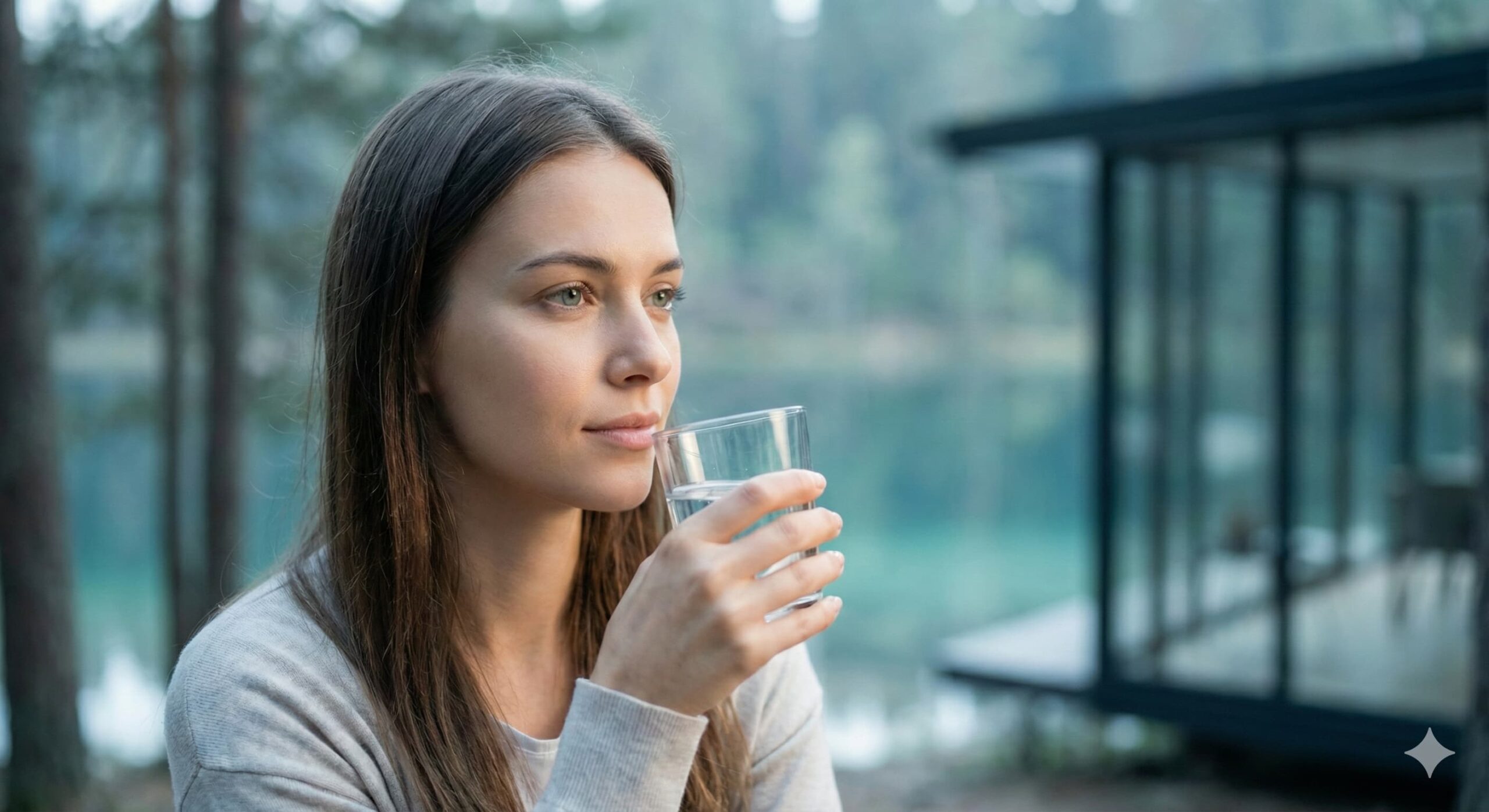 깨끗한 물 잔을 들고 건강을 생각하는 여성, 내장지방의 원인을 파악하고 몸을 정화하는 이미지.