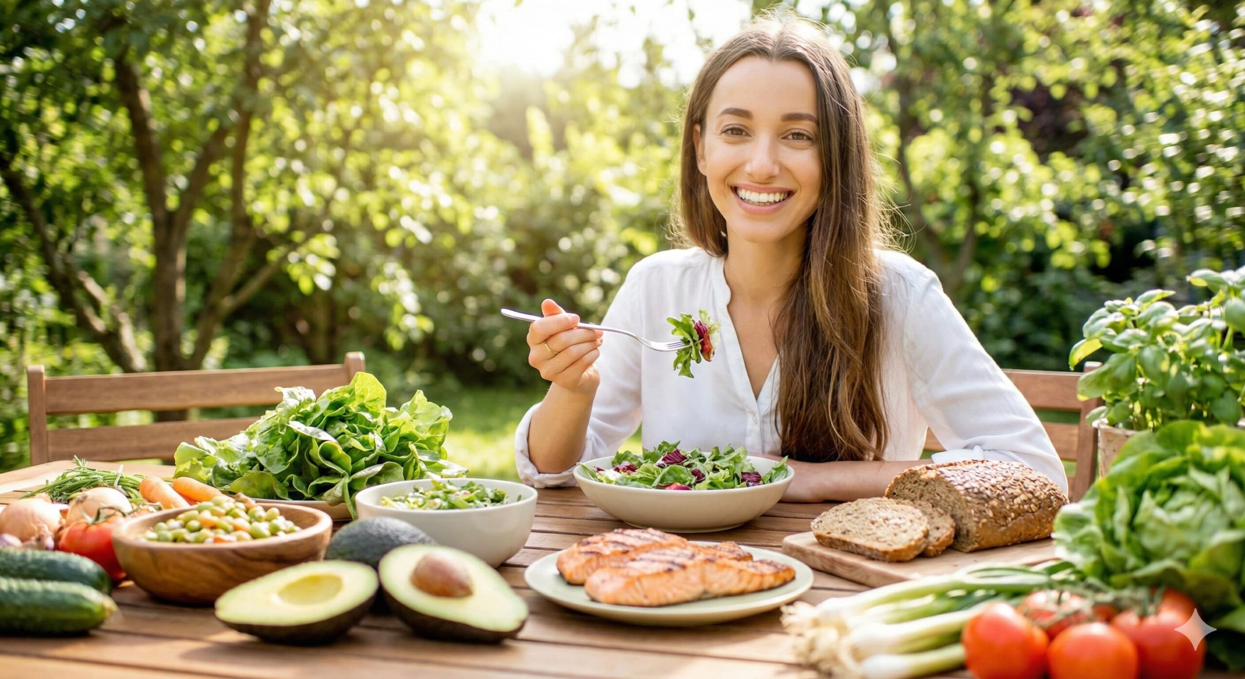 신선한 채소와 건강한 단백질 식단을 즐기는 여성, 내장지방을 줄이는 식이요법 예시.