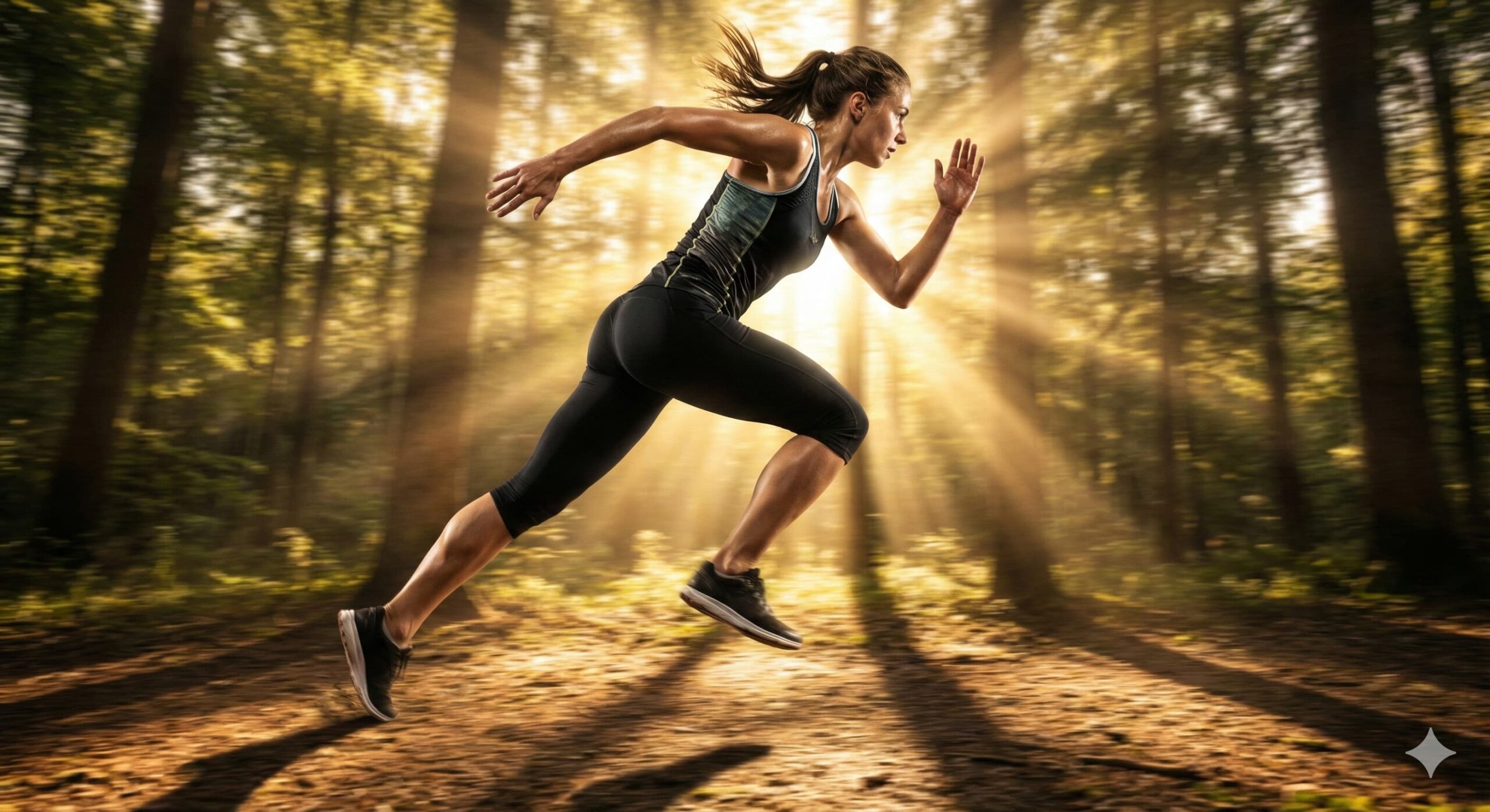 숲 길을 전력 질주하며 땀 흘리는 여성, 내장지방 연소를 위한 고강도 유산소 운동 이미지.