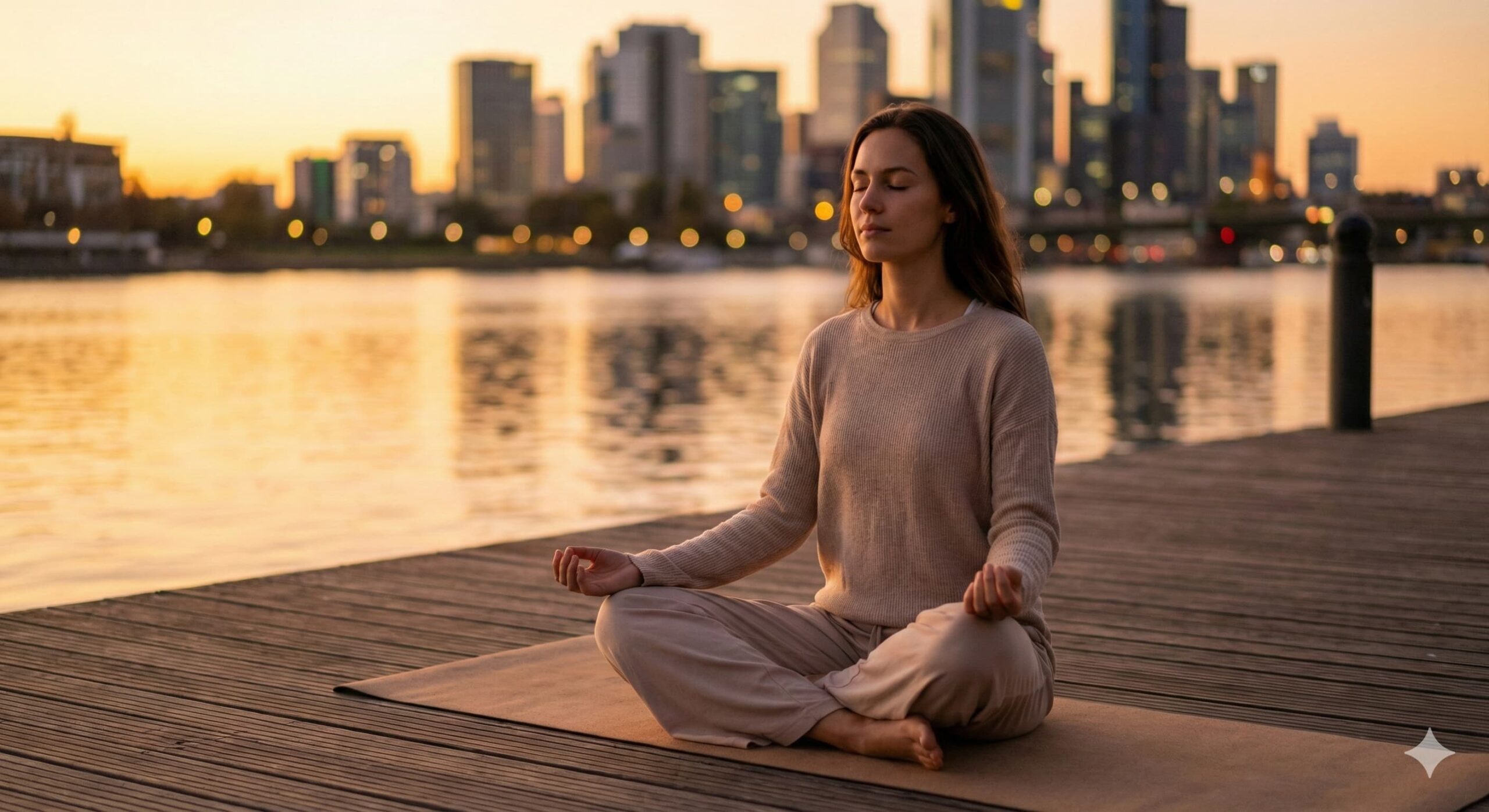 노을 지는 강변에서 명상하며 스트레스를 해소하는 여성, 수면과 마음 챙김의 중요성.