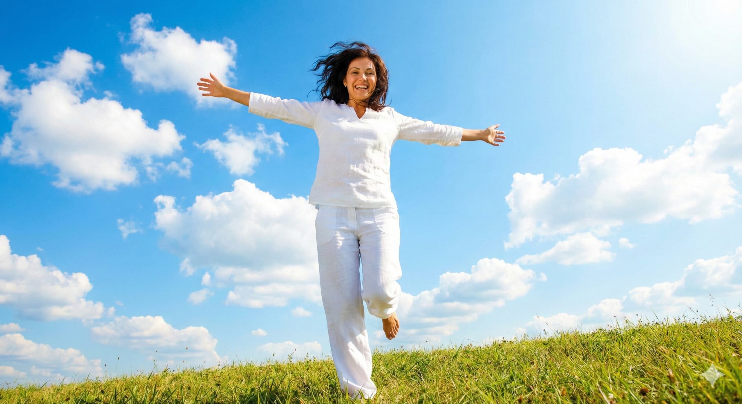 푸른 하늘 아래 두 팔을 벌리고 자유를 만끽하는 여성, 내장지방 감량 후의 가벼운 몸과 행복.