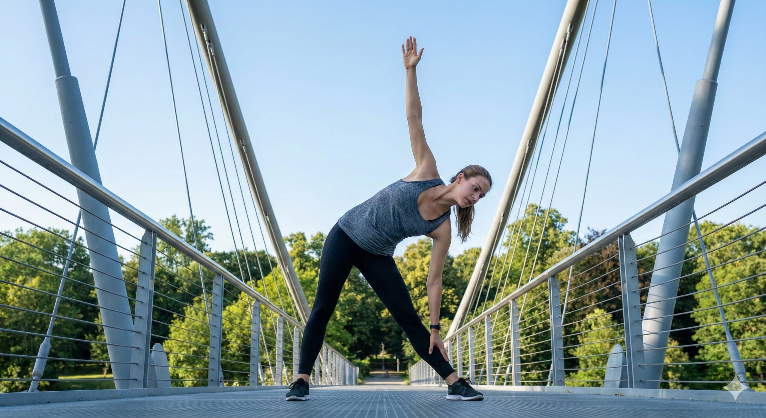 현대적인 조각 공원 잔디밭에서 삼각 자세 요가 동작을 취하며 옆구리와 전신의 균형을 잡고 있는 여성