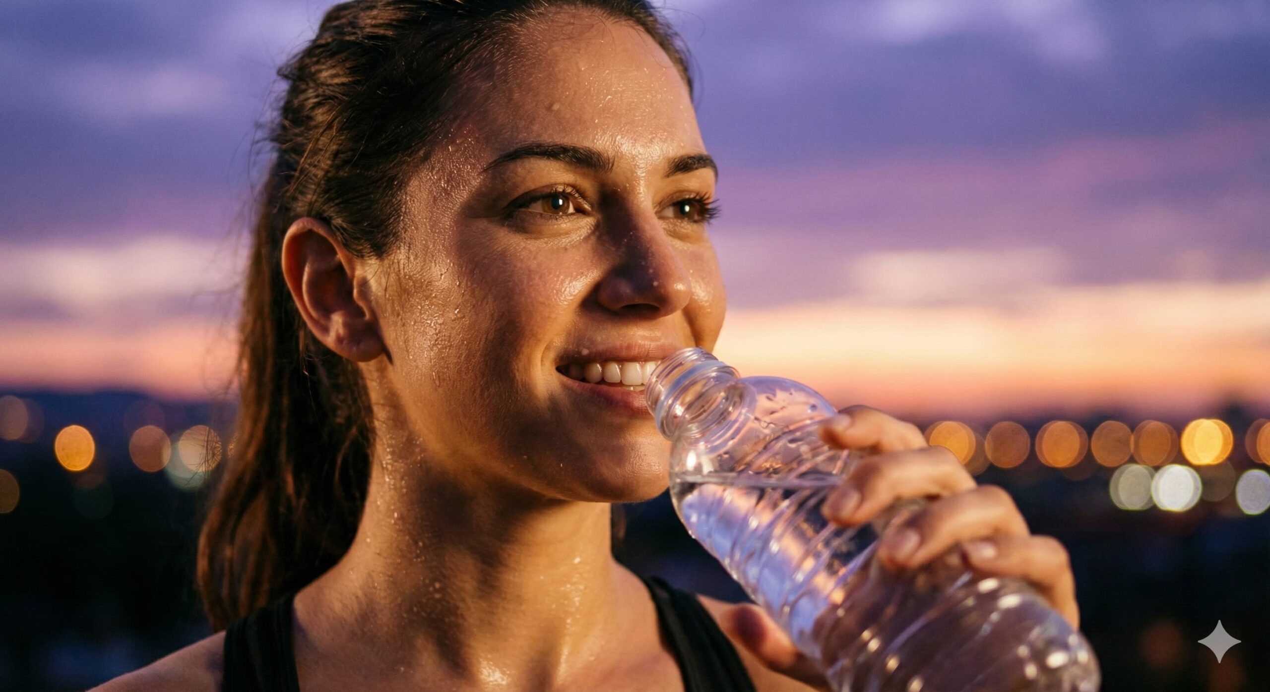 해 질 녘 운동을 마치고 땀 흘린 얼굴로 물을 마시며 행복하게 미소 짓는 건강한 여성의 클로즈업