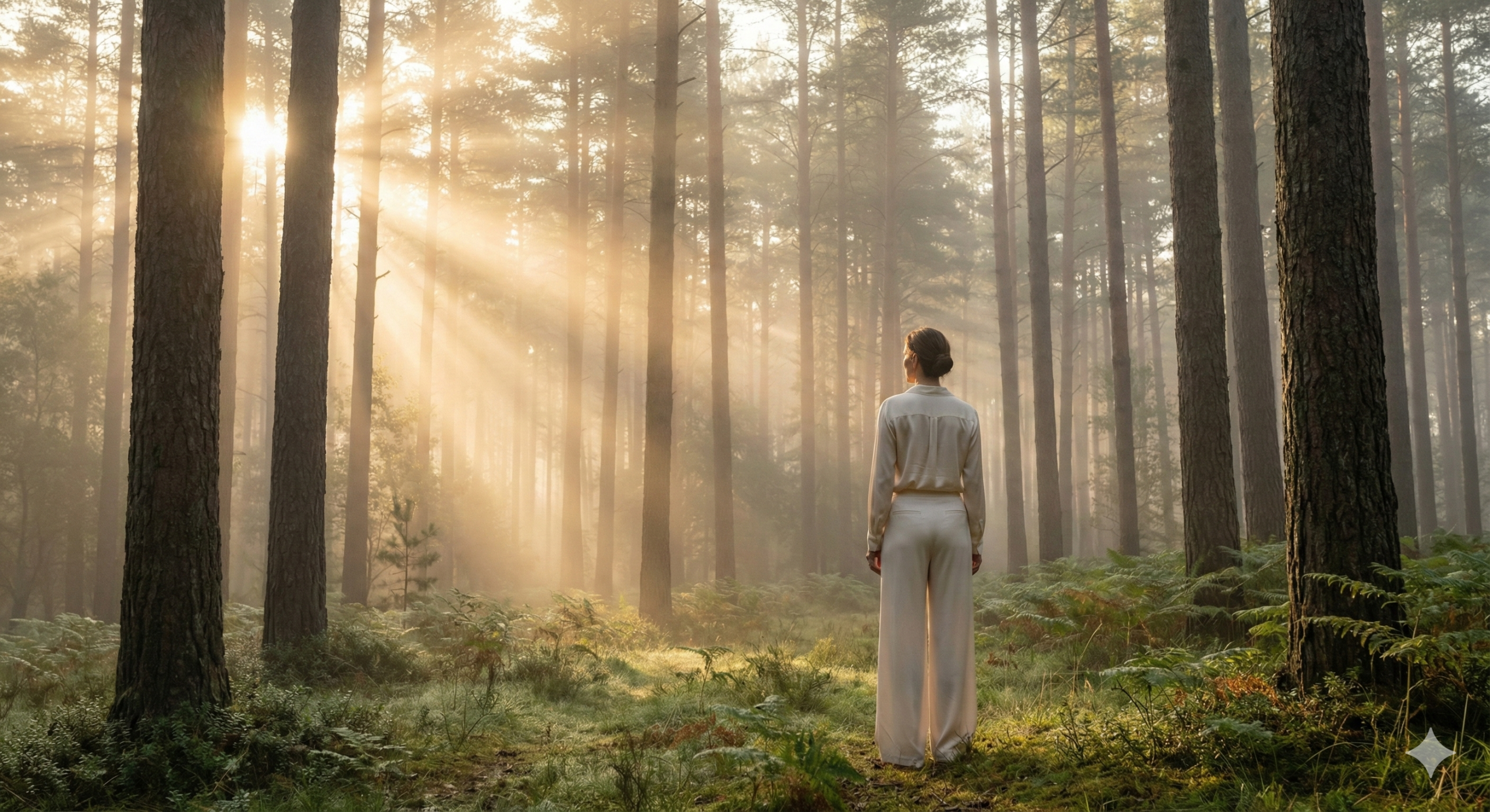 애드센스 수익 성장을 향한 비전을 담은 새벽 숲속의 지적인 여성 모델.