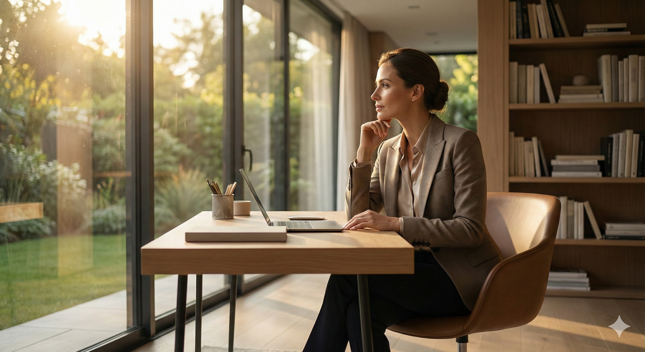 전략적 통찰을 상징하는 밝은 서재 안의 지적인 여성 모델