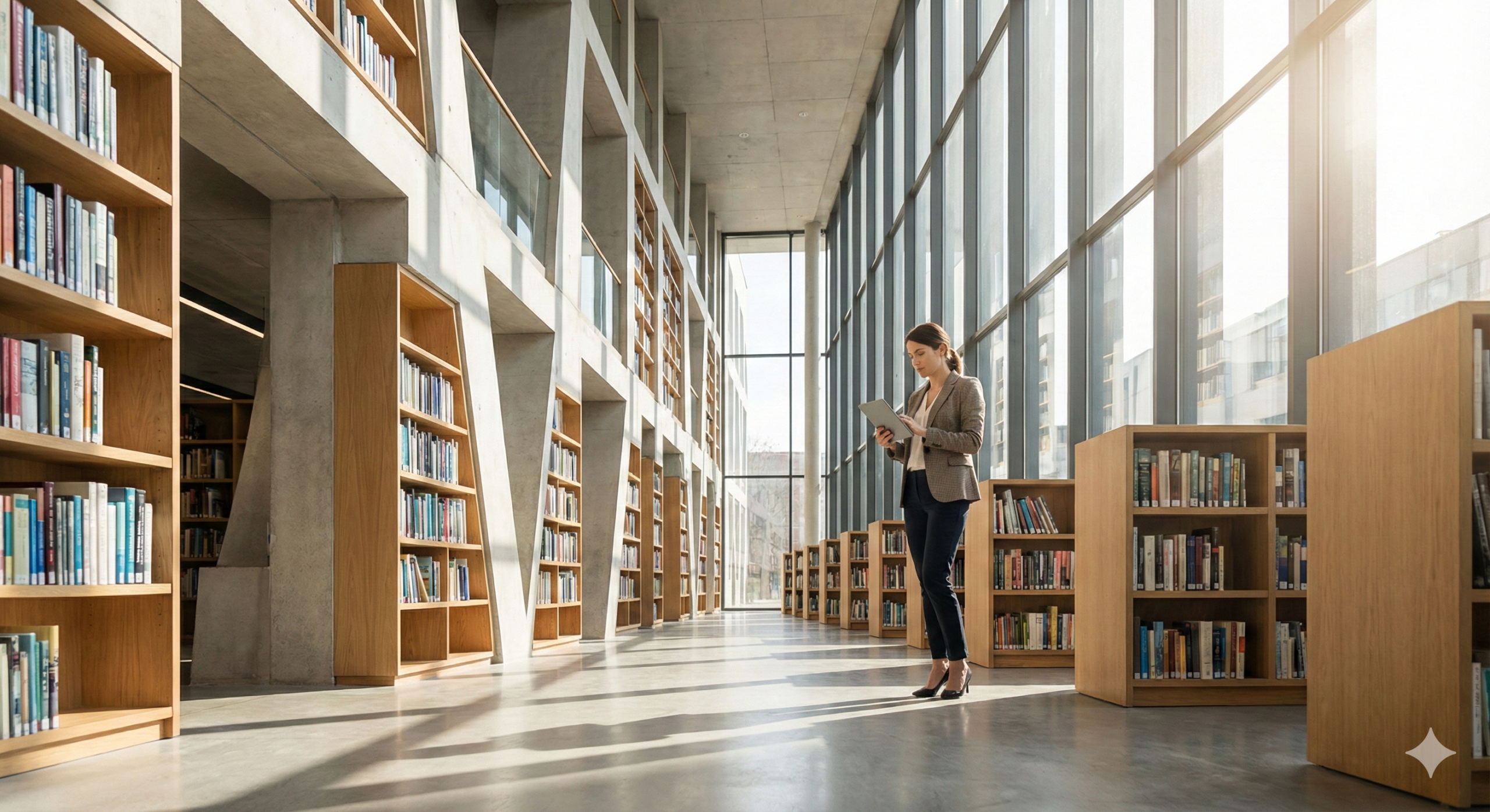 기술적 최적화와 정보 분석을 상징하는 현대적 도서관의 여성 모델